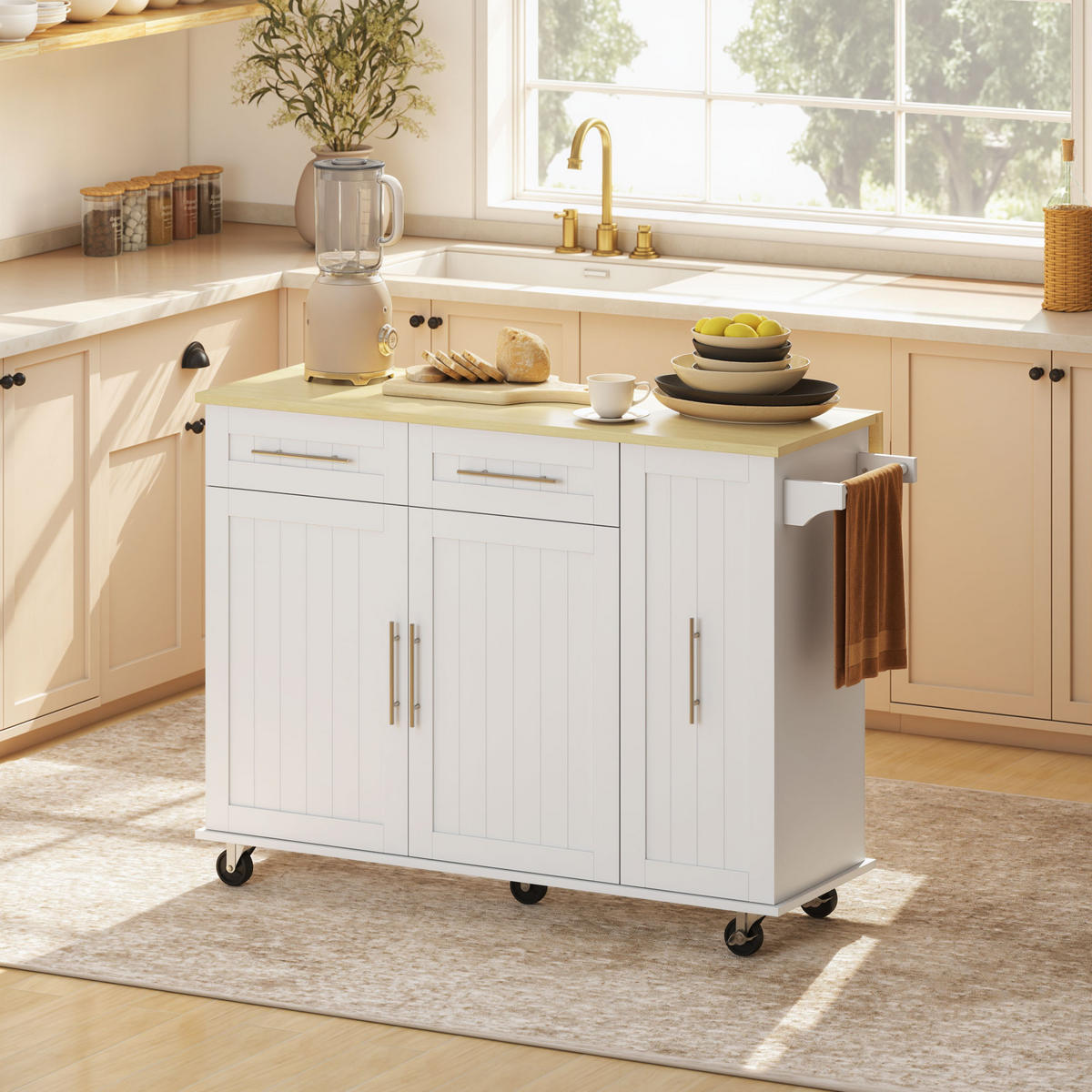KÜCHENINSEL Küchenwagen mit ausziehbarer Arbeitsplatte Rollen 2 Schubladen Weiß - Silberfarben/Weiß, Holzwerkstoff/Metall (65/91/129cm) - HOMCOM