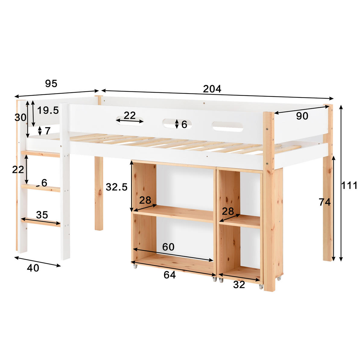 HOCHBETT 90x200 cm Treppe Schrank weiß - Weiß, Holz (90/200cm) - LEBENLANG