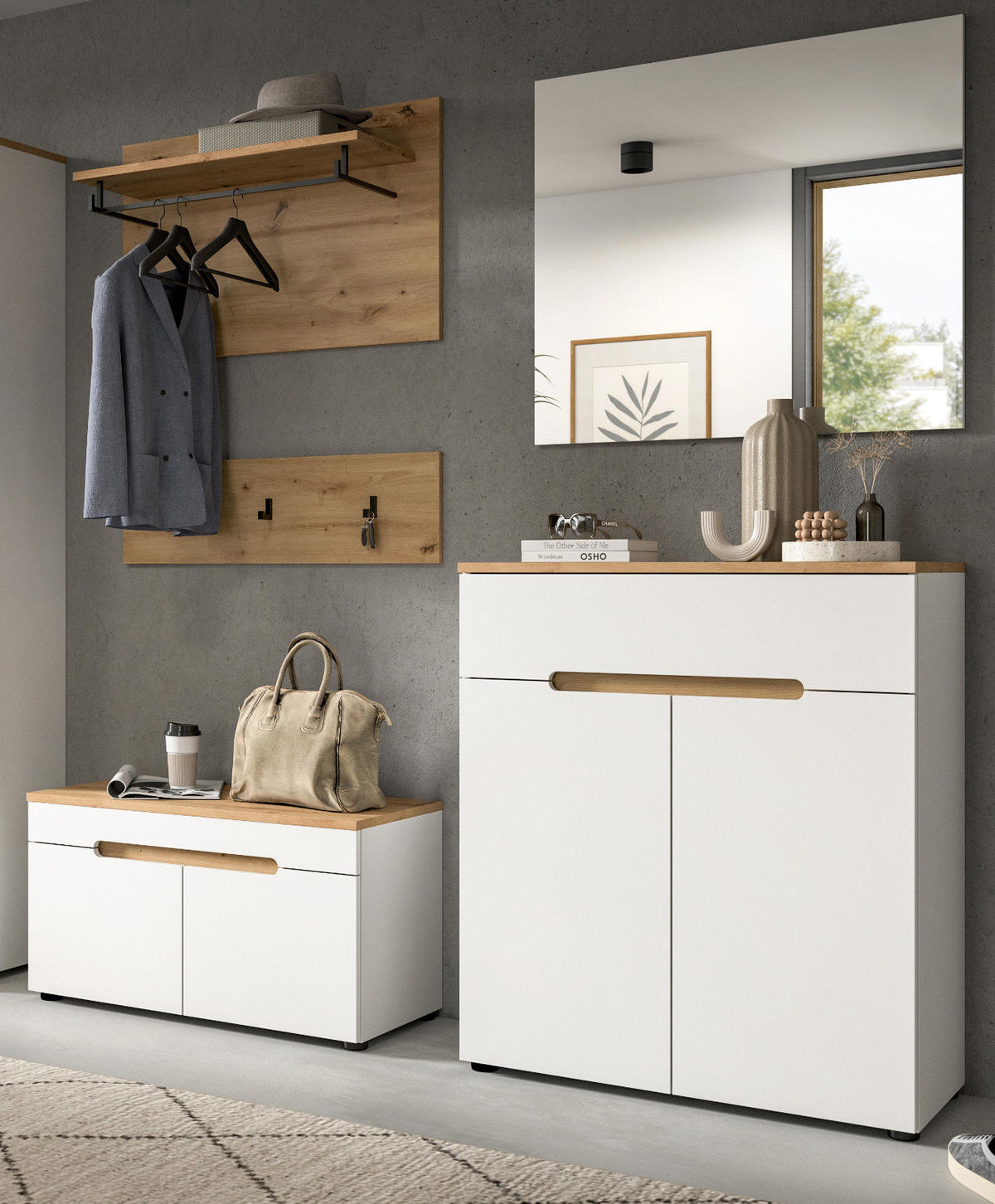 GARDEROBENBANK weiß, Eiche Artisan 80 cm, Schuhbank mit Soft-Close - Weiß, Holzwerkstoff (80/45/37cm) - Inn.Furn
