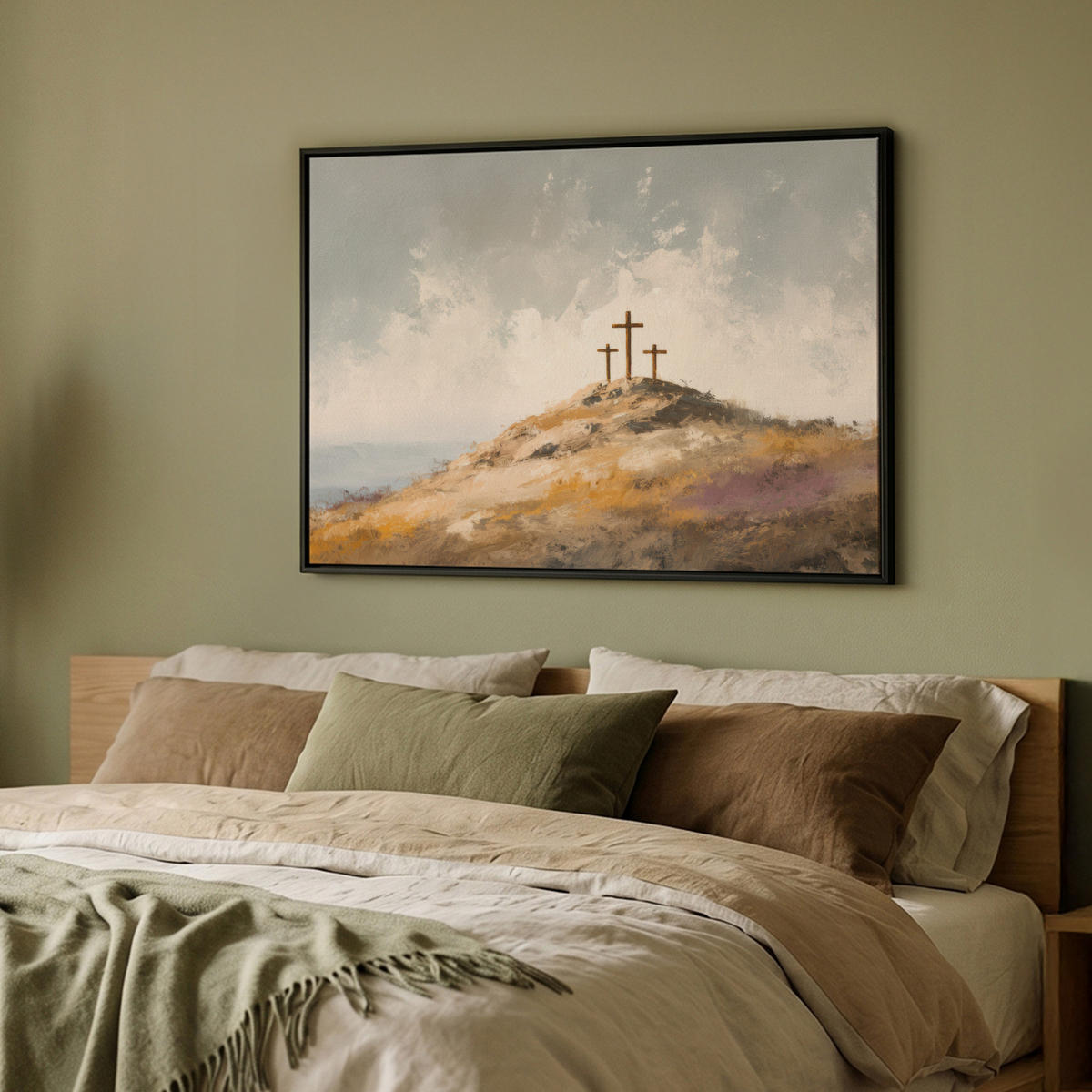 LEINWAND Bilder mit Rahmen - Hügel - Abstrakt - Christentum - Kreuz - 100x70 - Hellgrau, Textil (100/70cm) - MuchoWow