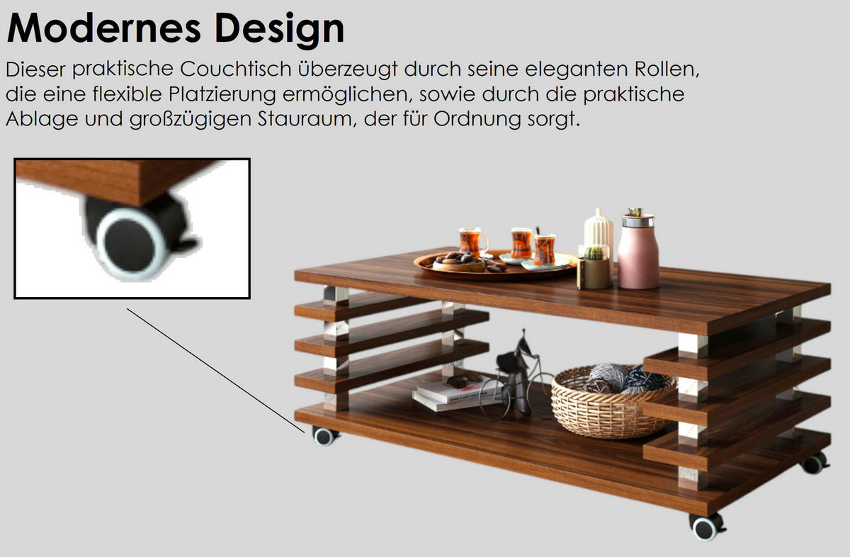 COUCHTISCH rechteckig Sonoma Eiche - Weiß Hochglanz Ablage Rollen - Weiß Hochglanz/Sonoma Eiche, Holzwerkstoff (60/120/45cm) - designimpex
