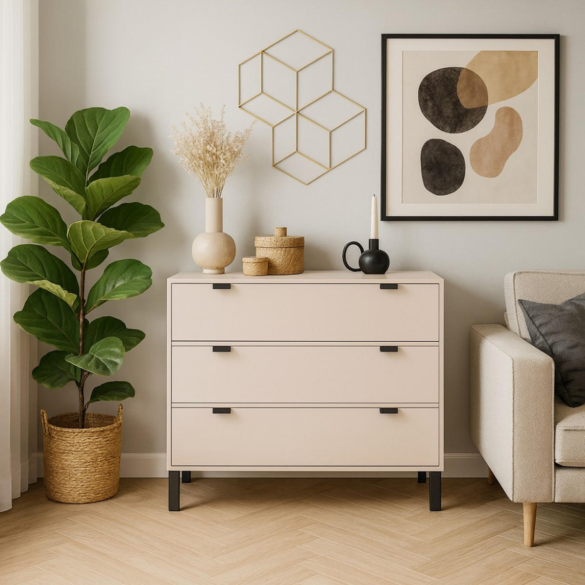 KOMMODE Cortina mit 3 Schubladen, Sandbeige - Sandfarben/Schwarz, Holzwerkstoff (109/85/45cm) - Beautysofa