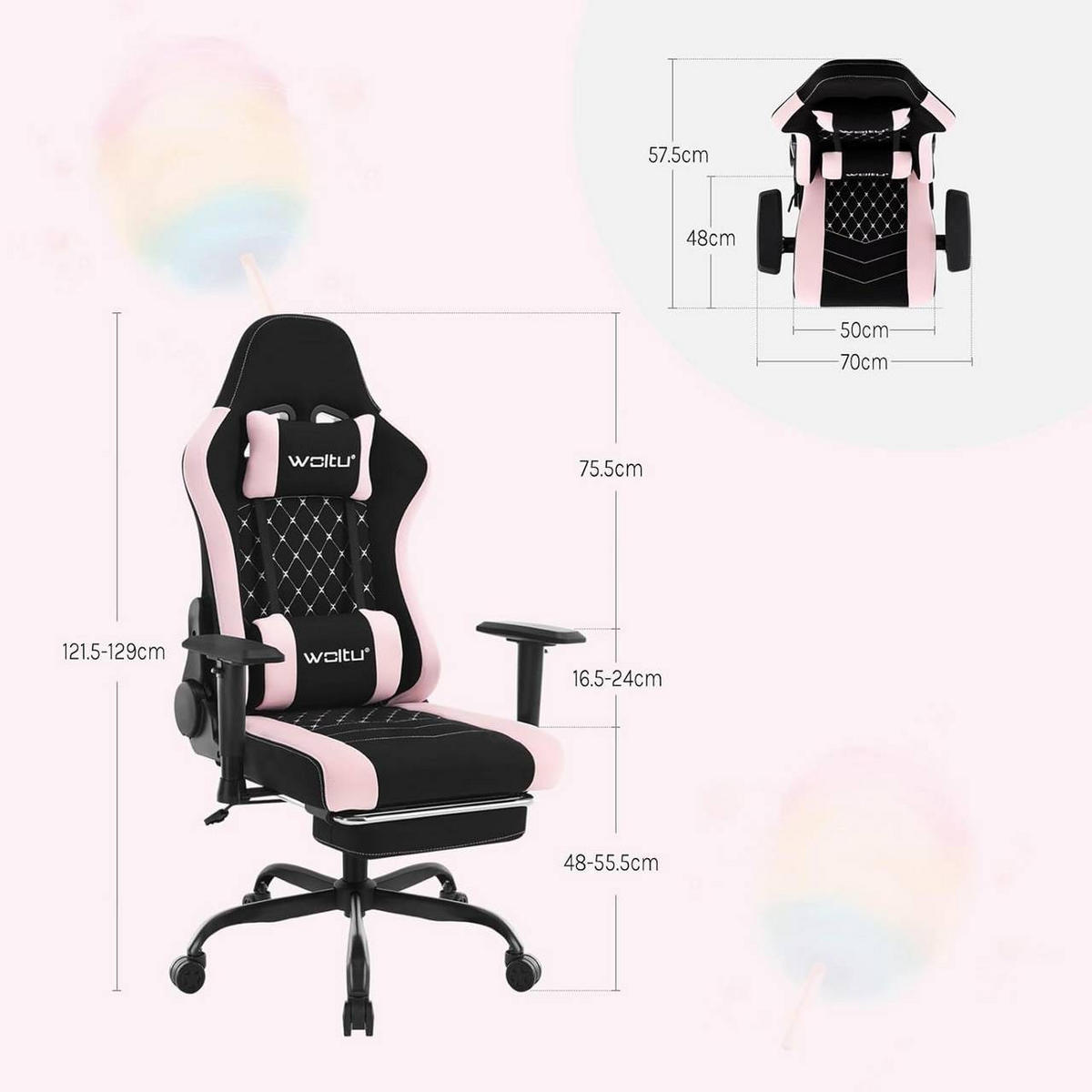 GAMINGSTUHL mit Lendenkissen, Massagefunktion, Schwarz+Rosa - Schwarz/Rosa, Textil/Metall (70/129/57.5cm) - Woltu