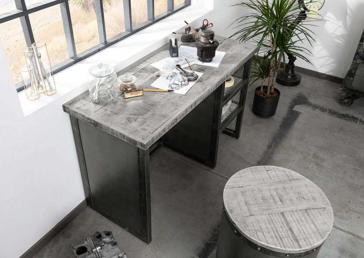 SCHREIBTISCH Mango 122x52x76 grau lackiert HEAVY INDUSTRY #157 - Grau, Holz (52/122/76cm) - Massivmoebel24