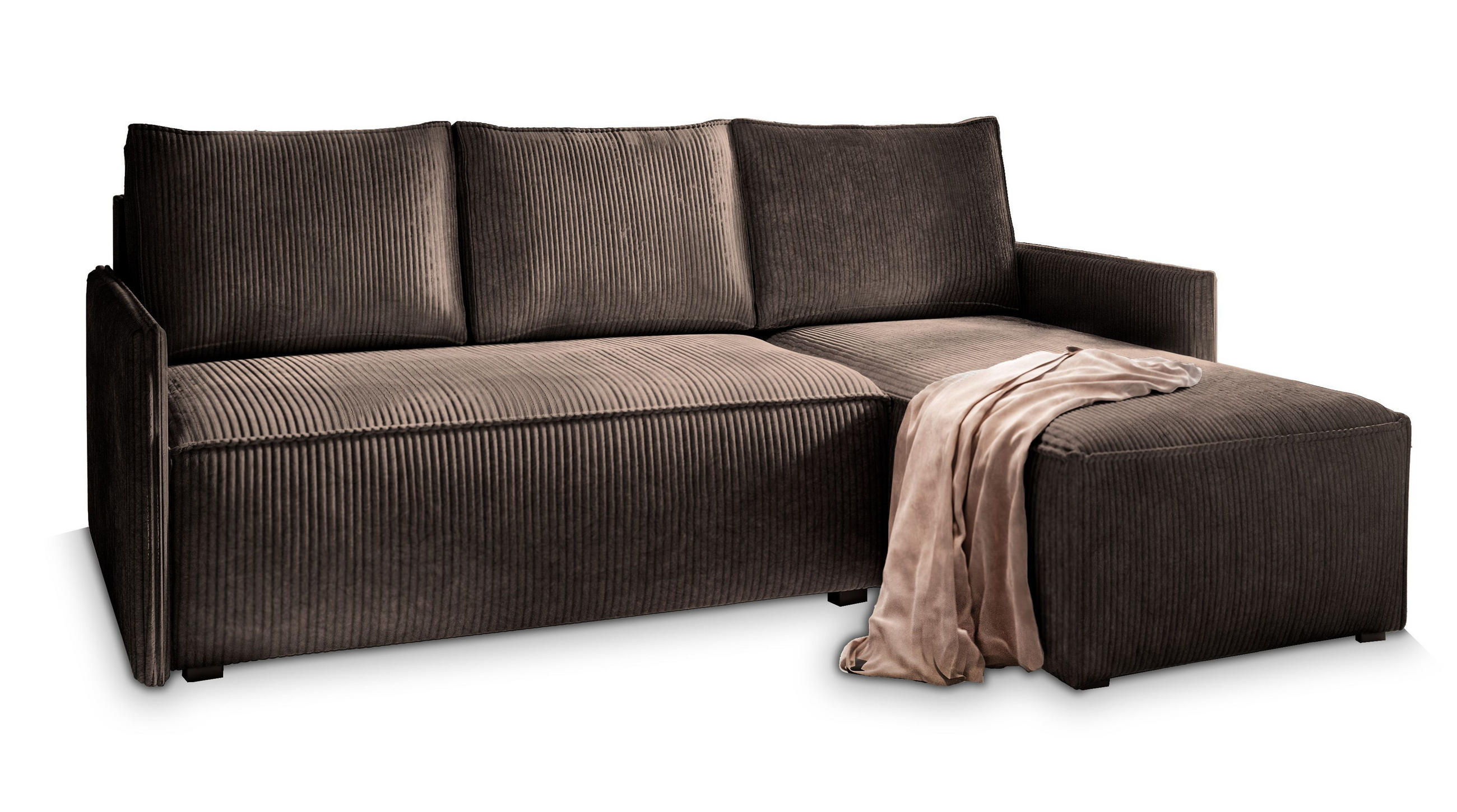 ECKSOFA PERUSI Braun Kordstoff mit Schlaffunktion - Braun, Holz (206/143cm) - MASSENO