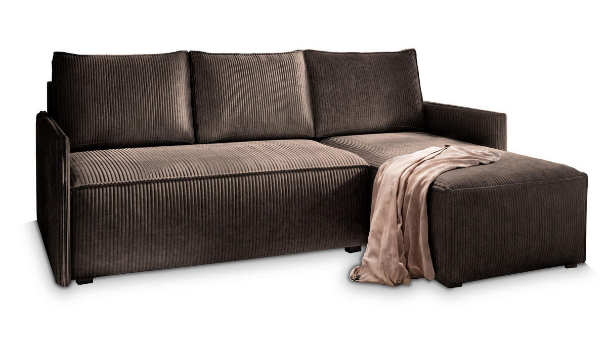 ECKSOFA PERUSI Braun Kordstoff mit Schlaffunktion - Braun, Holz (206/143cm) - MASSENO