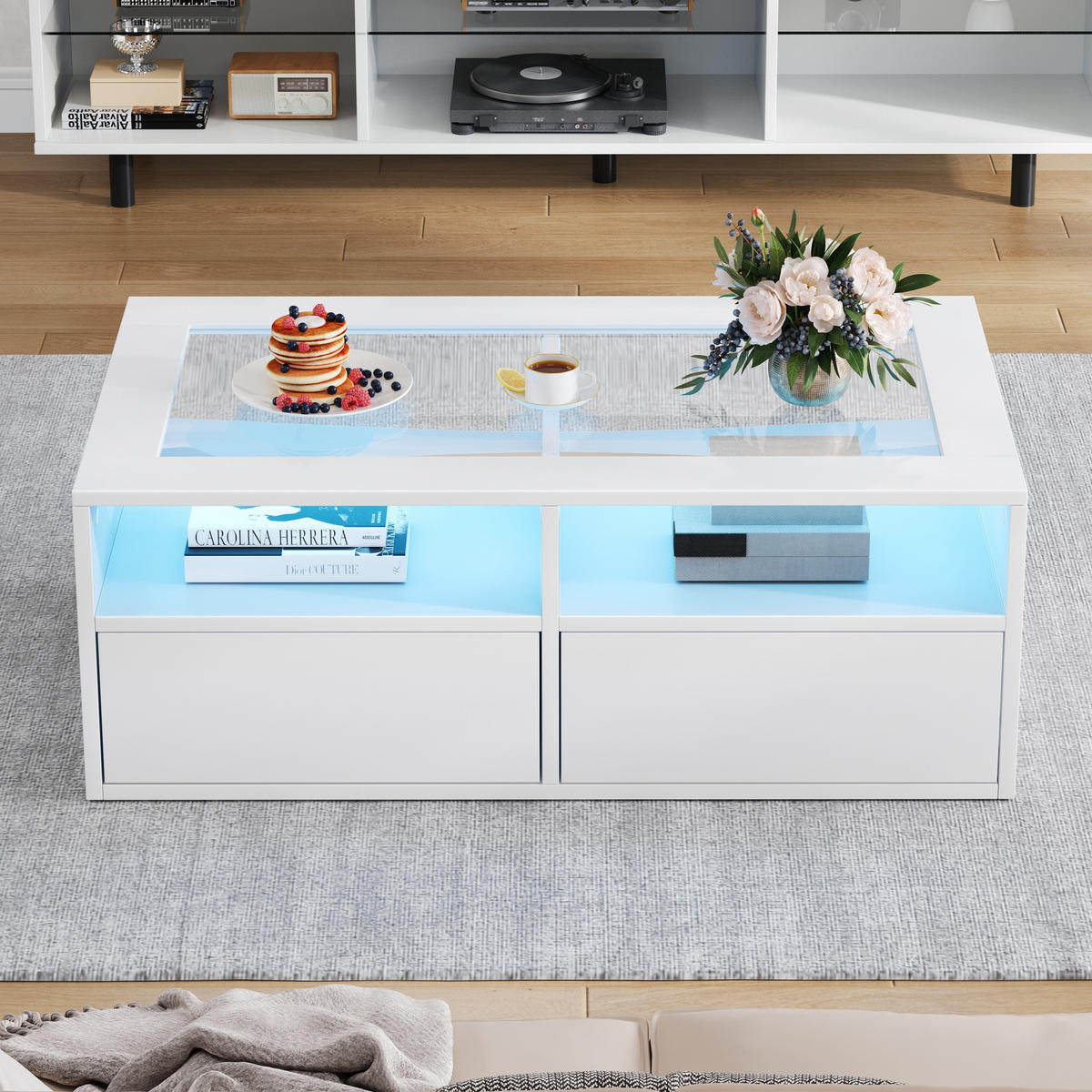 COUCHTISCH LED Weiß Glas 2 Schubladen 100x50x35cm Stauraum - Weiß, Holzwerkstoff (100/50/35cm) - FLIEKS