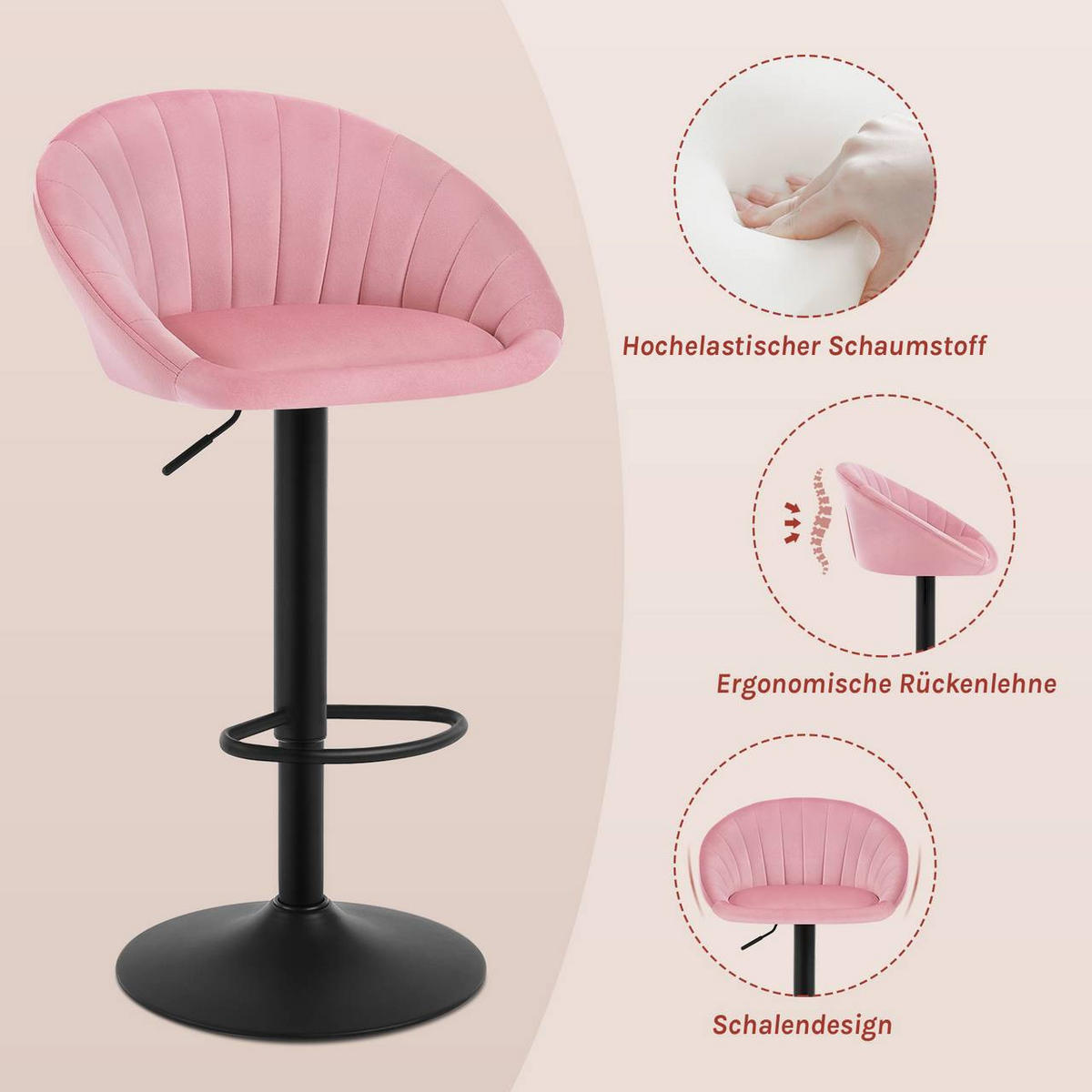 BARHOCKER 4er Set mit Rückenlehne, Samt, Rosa - Schwarz/Rosa, Textil/Metall (53/83/45cm) - Woltu