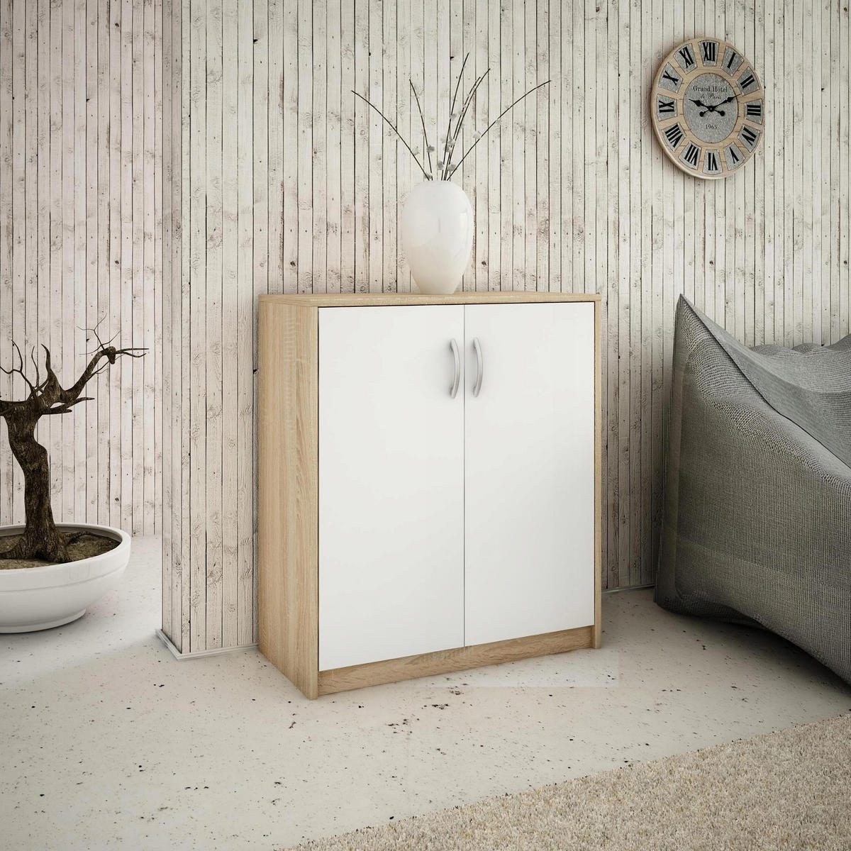 KOMMODE 2D Sonoma Eiche-Weiß 74/35/85 cm 2-türig - Weiß/Sonoma Eiche, Holzwerkstoff (74/85/35cm) - Matkam Möbel