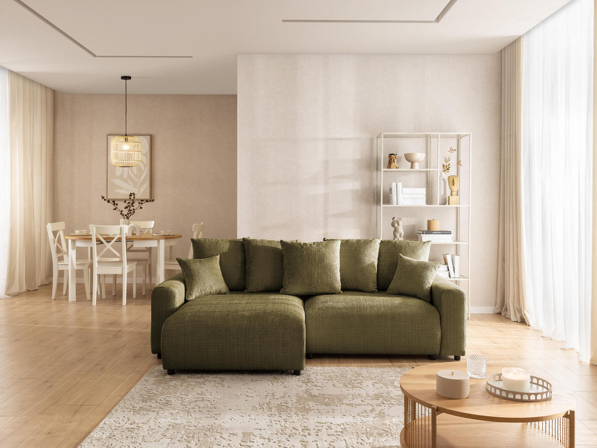 ECKSOFA Calma mit Schlaffunktion und Bettkasten im Bumpy-Design aus weichem Grün Chenille-Stoff - Ottomane links - Beige/Schwarz, Holz/Kunststoff (140/239cm) - S-Style Möbel