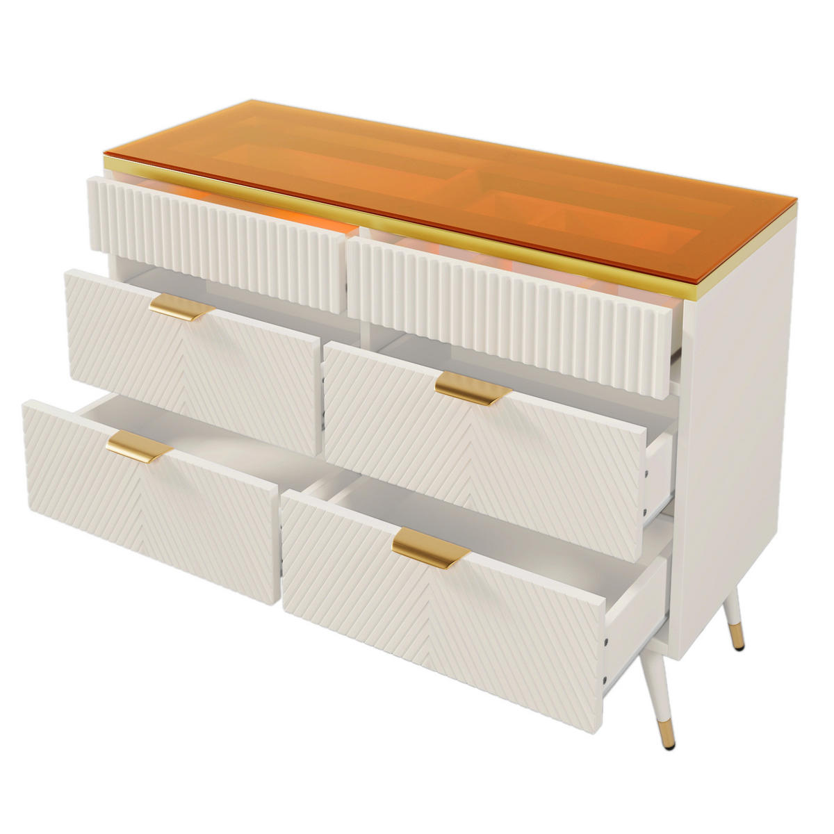 KOMMODE 120/40/76 cm mit 6 Schubladen und Metallfüßen - Weiß, Glas (120/76/40cm) - BEAOK