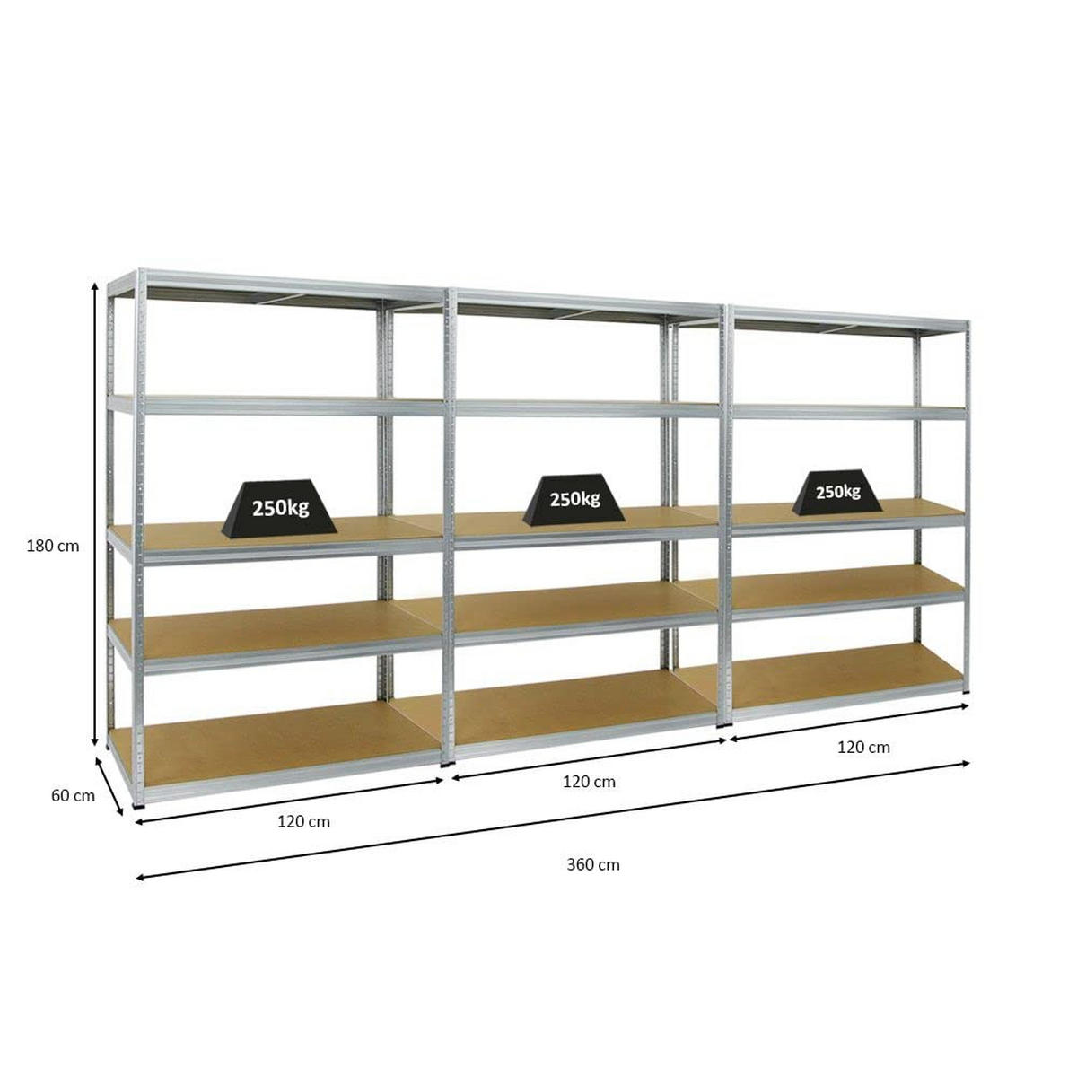 SCHWERLASTREGAL Big Elephant M 3er-Set mit 3x 180x120x60 cm Fachlast 250 kg Verzinkt - Silberfarben, Metall (360/180/60cm) - PROREGAL