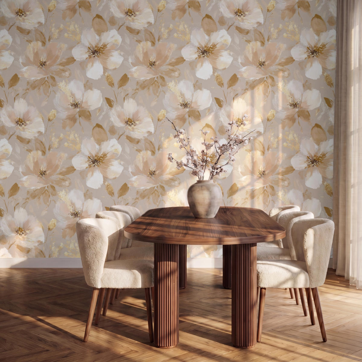 TAPETE - Blumen - künstlerisch - Gold - 300x220 cm - Beige, Papier (300/220cm) - OnlyWow