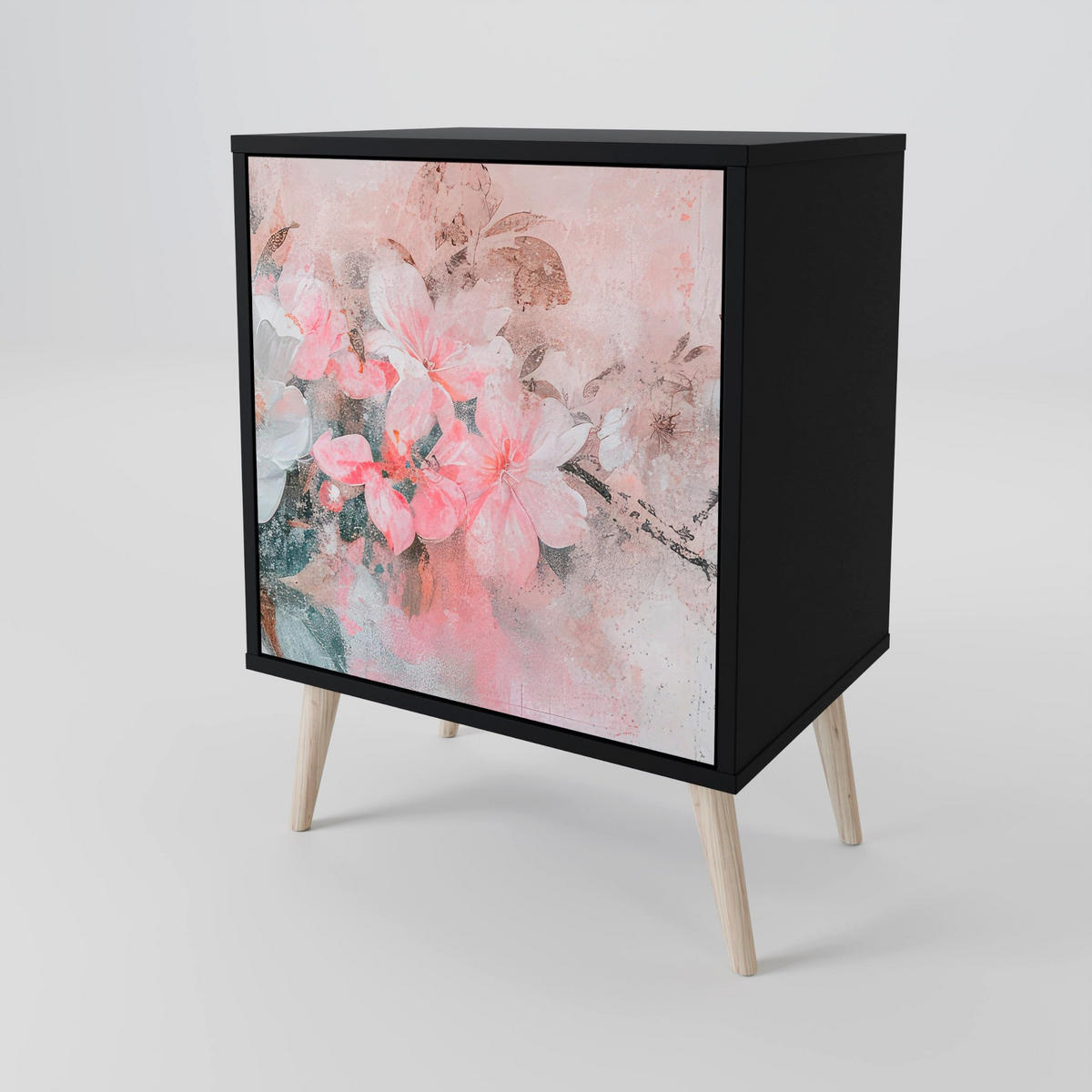SIDEBOARD CHERRY BLOSSOM, Schwarz, 57,5x42x70,5 cm, Schwarze Metall-Sternfüße - Multicolor/Schwarz, Holzwerkstoff/Metall (57.5/70.5/42cm) - SpaceRebels