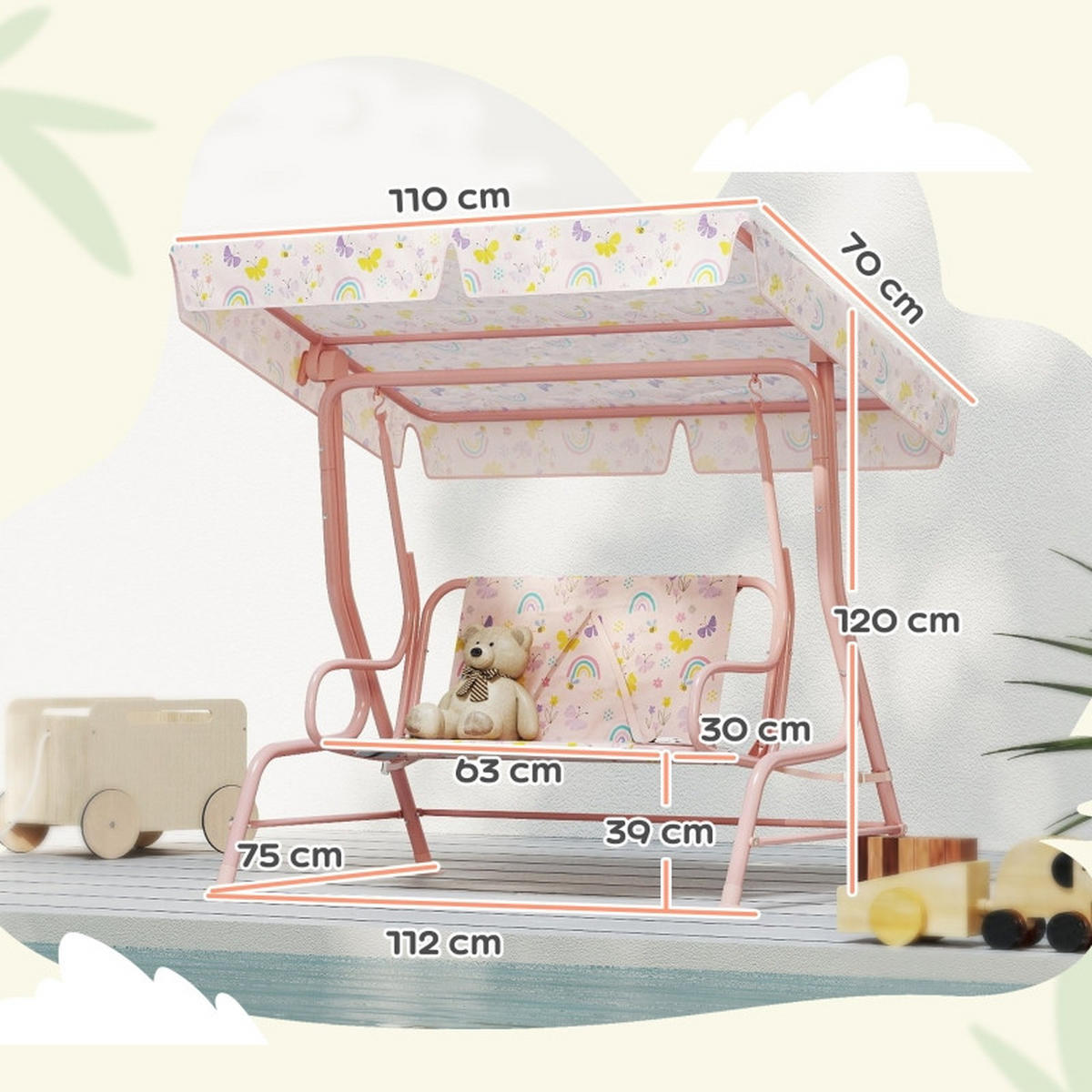 HOLLYWOODSCHAUKEL aus Metall 112x75x120 cm in Rosa mit Sonnendach - Rosa, Metall (75/120/112cm) - Modfu