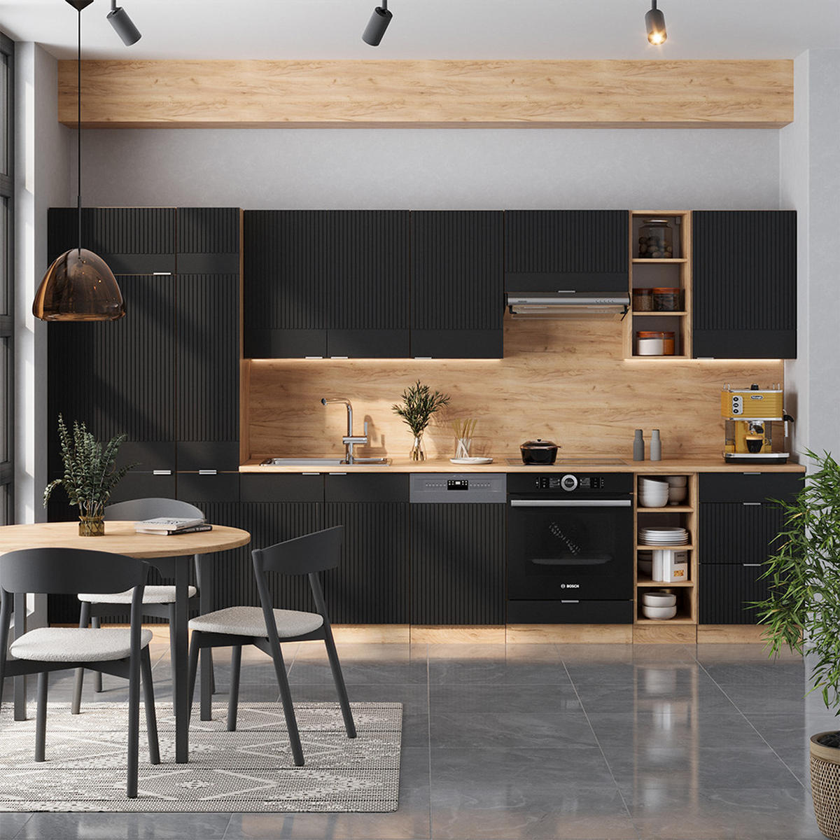 KÜCHENZEILE Fame-Line, Schwarz gestreift/Goldkraft Eiche, 355 cm ohne Arbeitsplatte - Honigeiche/Schwarz, Holzwerkstoff (355/81.6/46cm) - Vicco