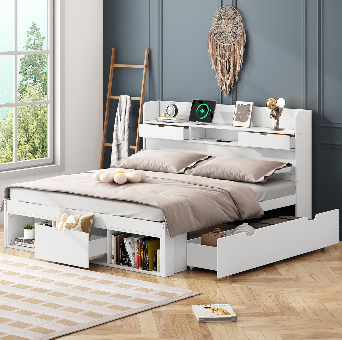 JUGENDBETT 140/190 cm aus Kiefernholz mit USB-Anschluss und Stauraum Weiß - Weiß, Holz (140/190cm) - Modenvie