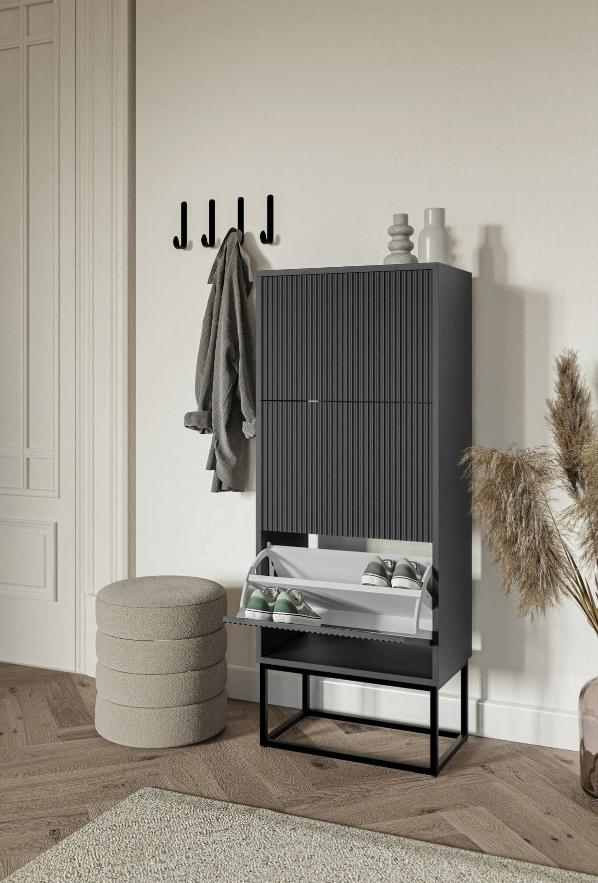 SCHUHSCHRANK Veldio mit 3 Klappen Schwarz mit schwarzem Metallgestell 50 cm - Schwarz, Holzwerkstoff/Metall (50/125/30cm) - Selsey