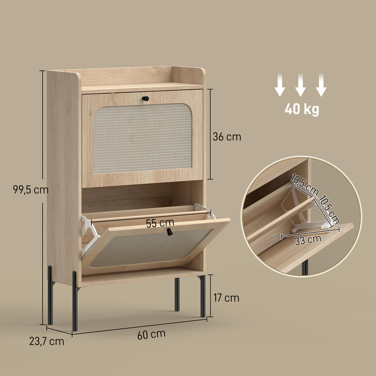 SCHUHSCHRANK Eiche-Optik Rattan klappbar mit Fächern 1 Stück - Eichefarben, Holzwerkstoff (60/99.5/23.7cm) - PANGIVO