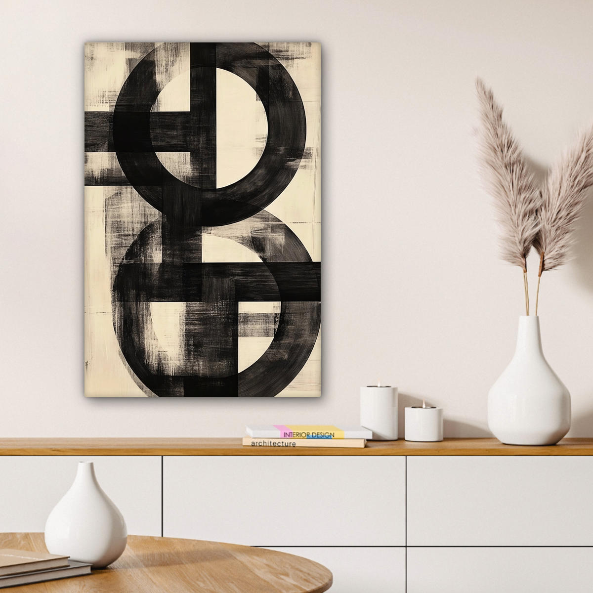 LEINWANDBILD Kreise - Balken - Schwarz - Abstrakt Wanddeko Schlafzimmer 60x90 cm - Schwarz, Textil (60/90cm) - MuchoWow