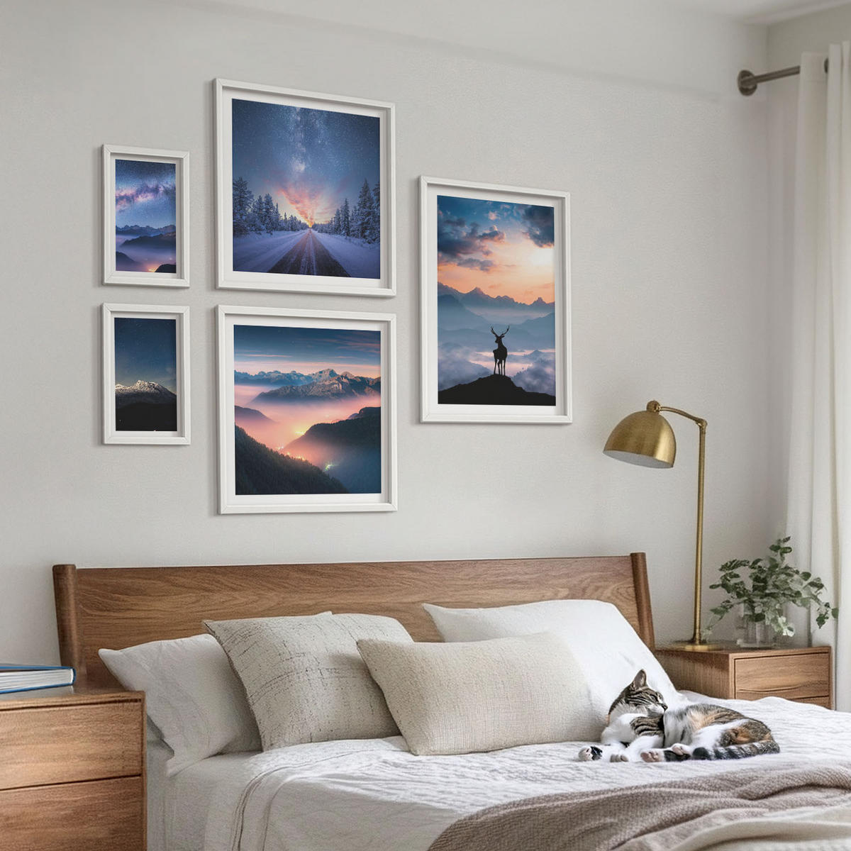 WANDBILDER 5er-Set - 50x50 cm & 20x30 cm & 40x60 cm Weißer Rahmen - Nachthimmel Berge Nebel Hirsch - Weiß, Kunststoff (40/60cm) - ArtPrintCave