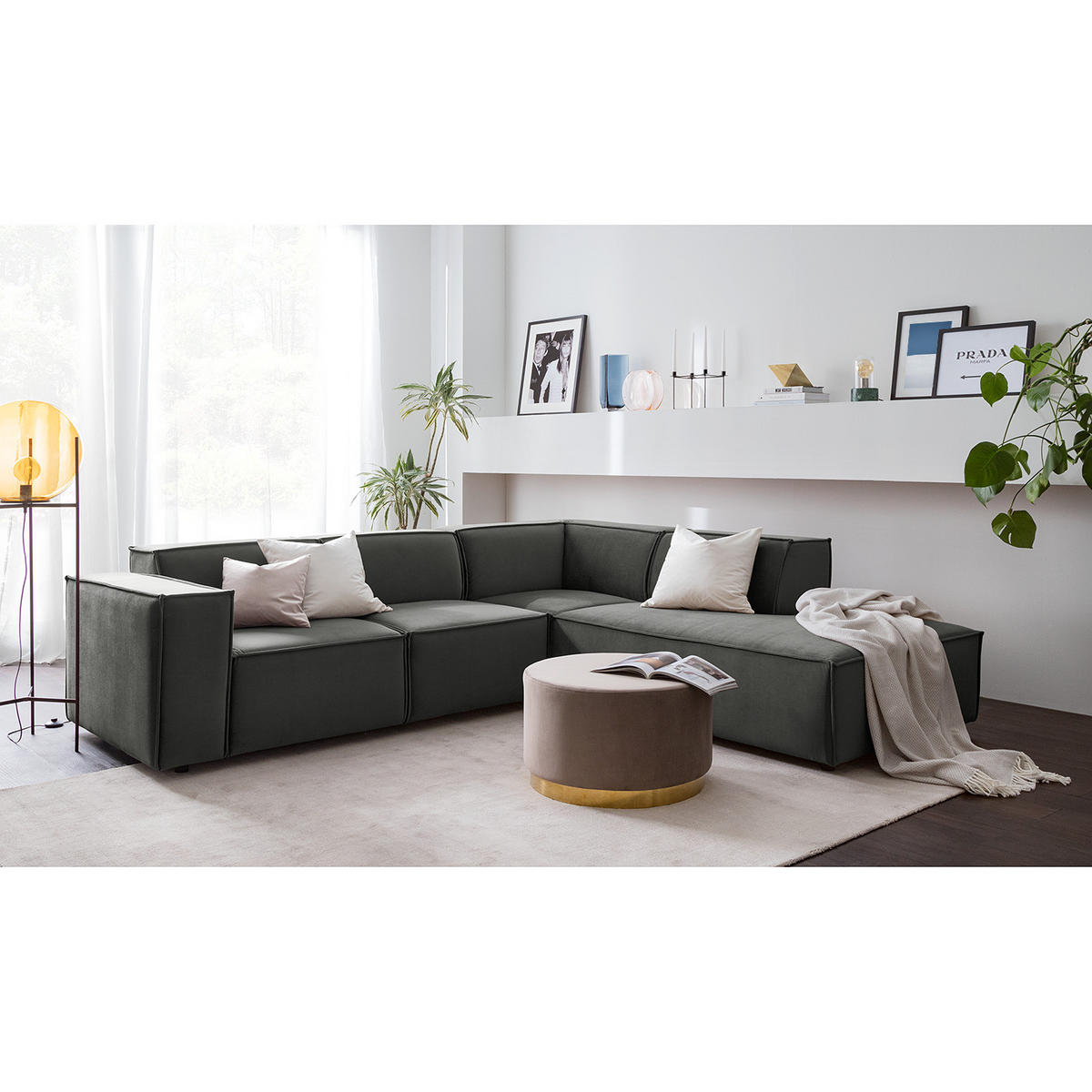 ECKSOFA mit Ottomane - Schwarz/Grau, Kunststoff/Textil (260/234cm) - home24