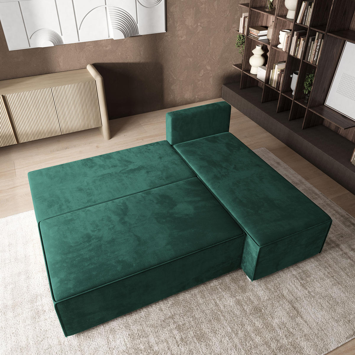 ROHOVÁ SEDAČKA BRISO tmavě zelená - šedá/tmavě zelená, dřevo/textil (200/140cm) - MASSENO