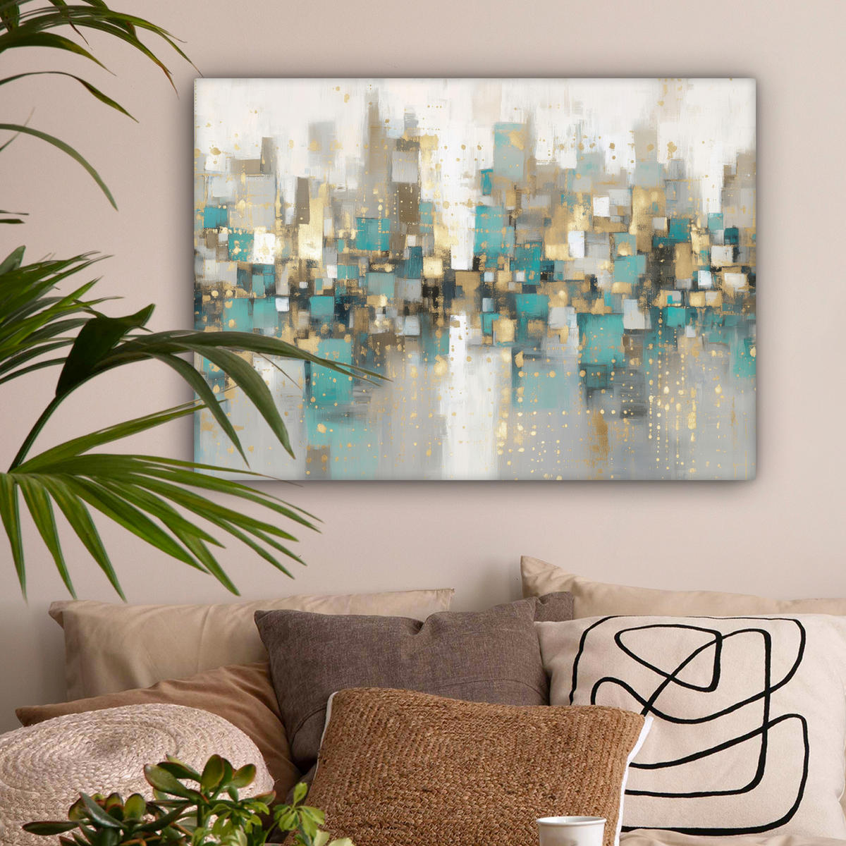 LEINWANDBILD Abstrakt - Blöcke - Gold - Skyline Wandbilder 80x60 cm - Beige, Textil (80/60cm) - MuchoWow