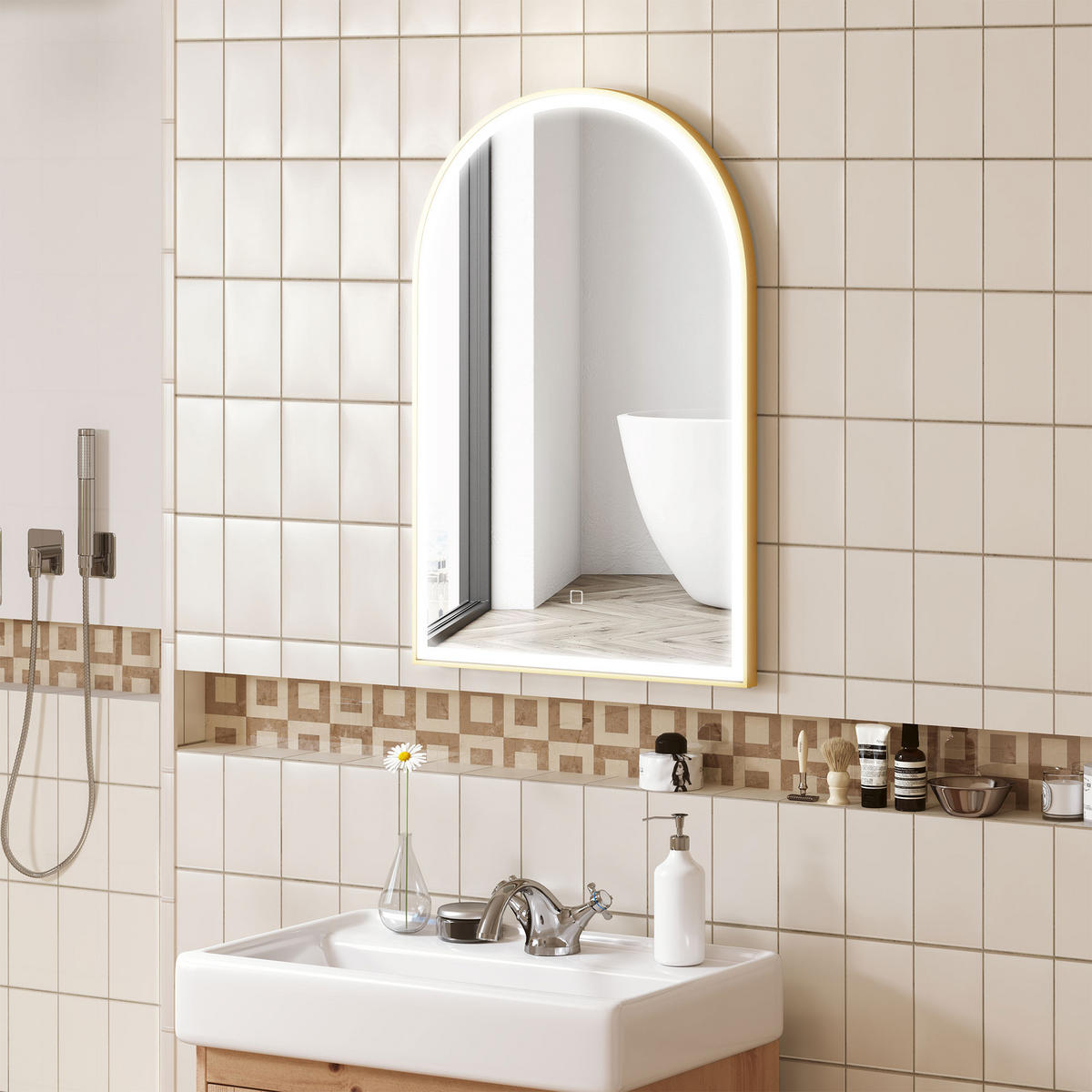 BADEZIMMERSPIEGEL DE-15165 90/60 cm gewölbt mit 3 LED-Farben - Goldfarben, Glas (3/60/90cm) - ComfortXL