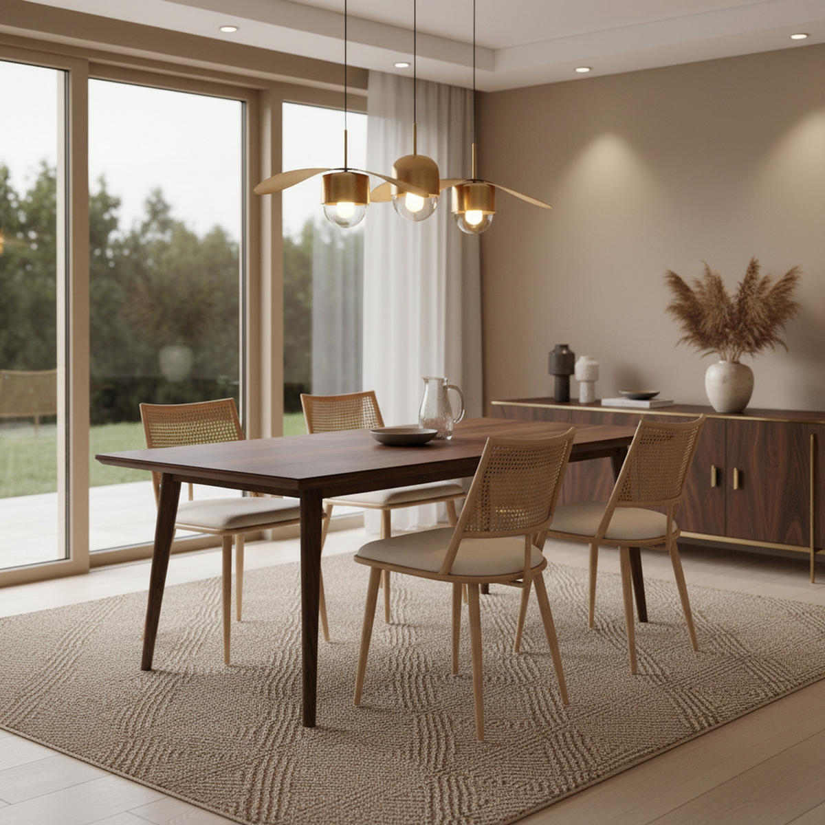 ESSZIMMERSTUHL 4er-Set PU-Sitz, Rattan-Rückenlehne, Beige - Sonoma Eiche, Naturmaterialen/Textil (50/80/56cm) - Urban Meuble