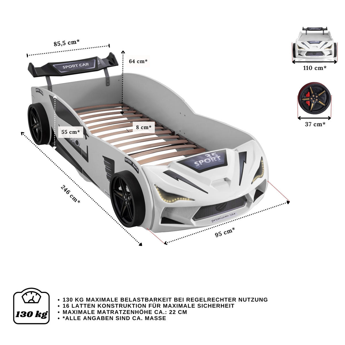 AUTOBETT 90x200 Rio Kinderbett mit LED Leuchte und Lattenrost - Weiß, Holzwerkstoff (90/200cm) - Aileenstore
