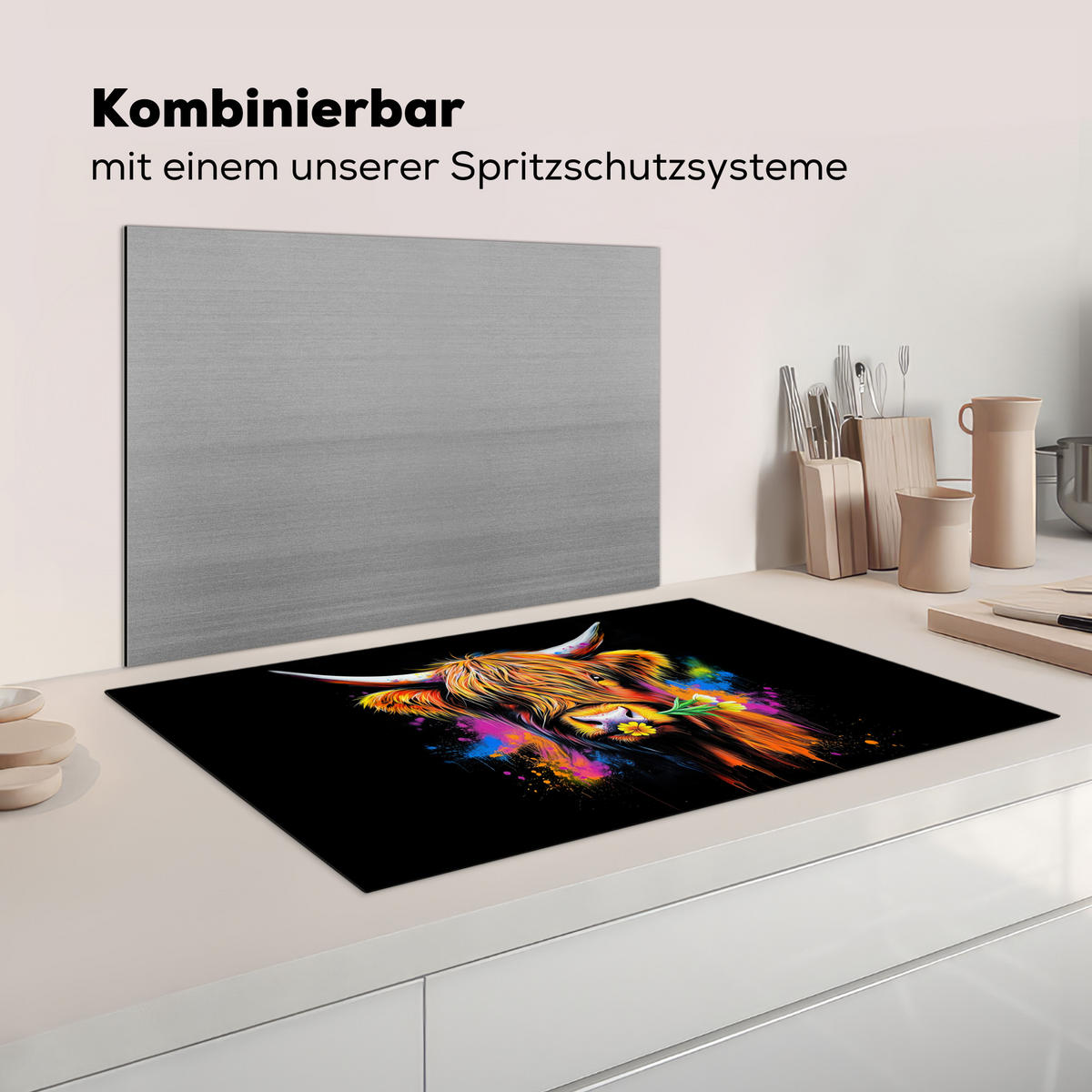 HERDABDECKPLATTE Schottischer Highlander - Graffiti - Bunt - Blume - Tiere Ceranfeldabdeckung 85x52 cm - Multicolor, Kunststoff (85/52/0.2cm) - MuchoWow