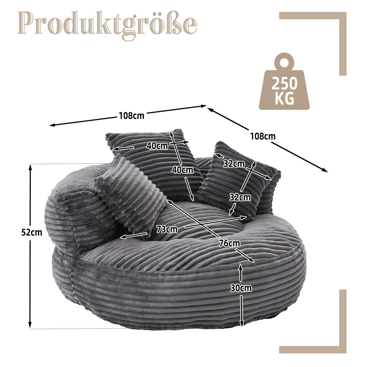 SITZSACK mit Rückenlehne und Armlehnen 108 x 108 cm Cord dunkelgrau - Dunkelgrau, Textil (108/52/108cm) - Meubliv