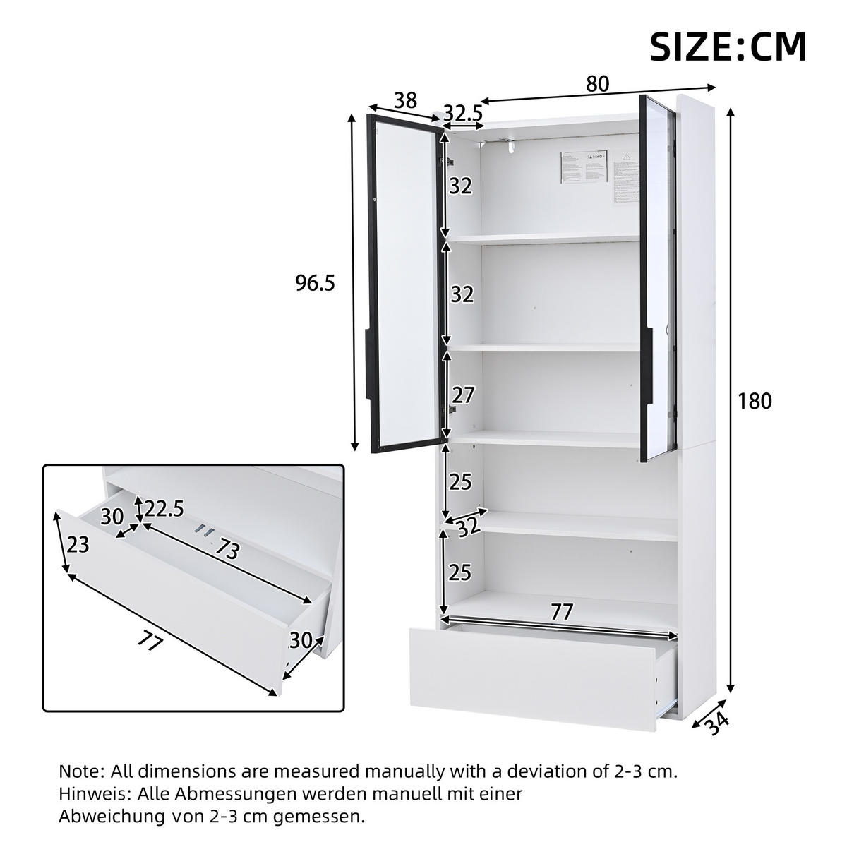 VITRINE Weiß mit Glastüren, einer Schublade und App-gesteuerter LED-Beleuchtung 80 × 34 × 180 cm aus MDF und Glas - Weiß, Holzwerkstoff (80/180/34cm) - Luhomfu