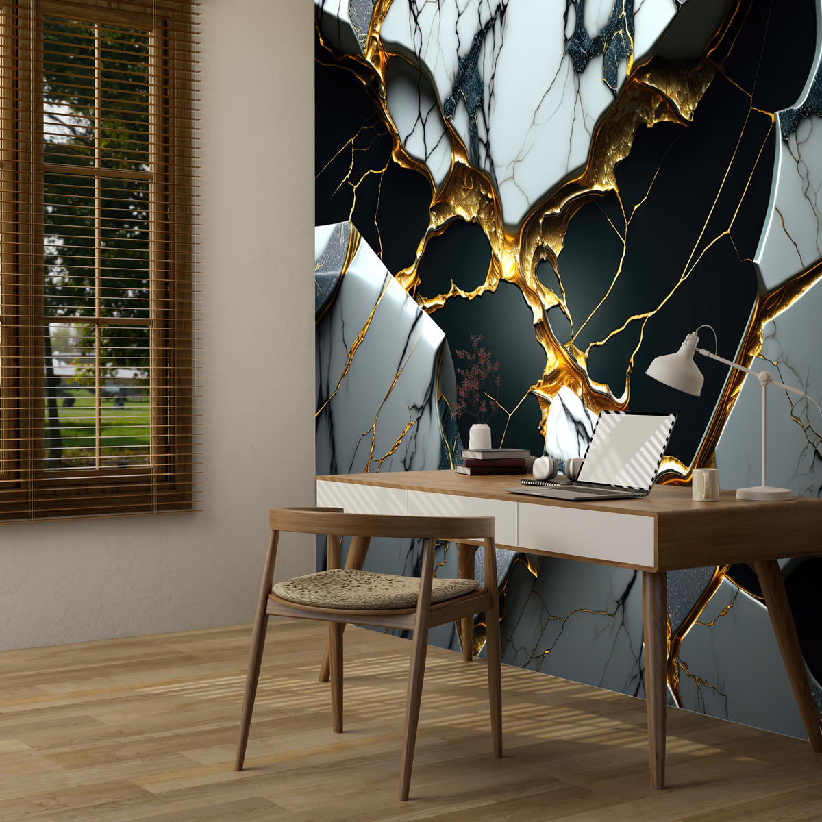 FOTOTAPETE für Wohnzimme Schwarze Weißer Marmor Goldelementen 200x140 - Goldfarben/Schwarz, Papier (200/140cm) - Muralo