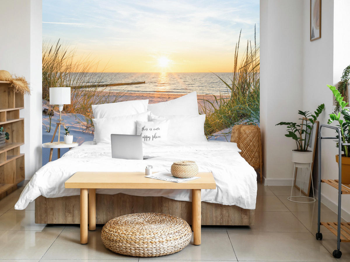 FOTOTAPETE Strand Meer Sonnenuntergang Landschaft 3D 450x315 - Blau/Gelb, Papier (450/315cm) - Muralo