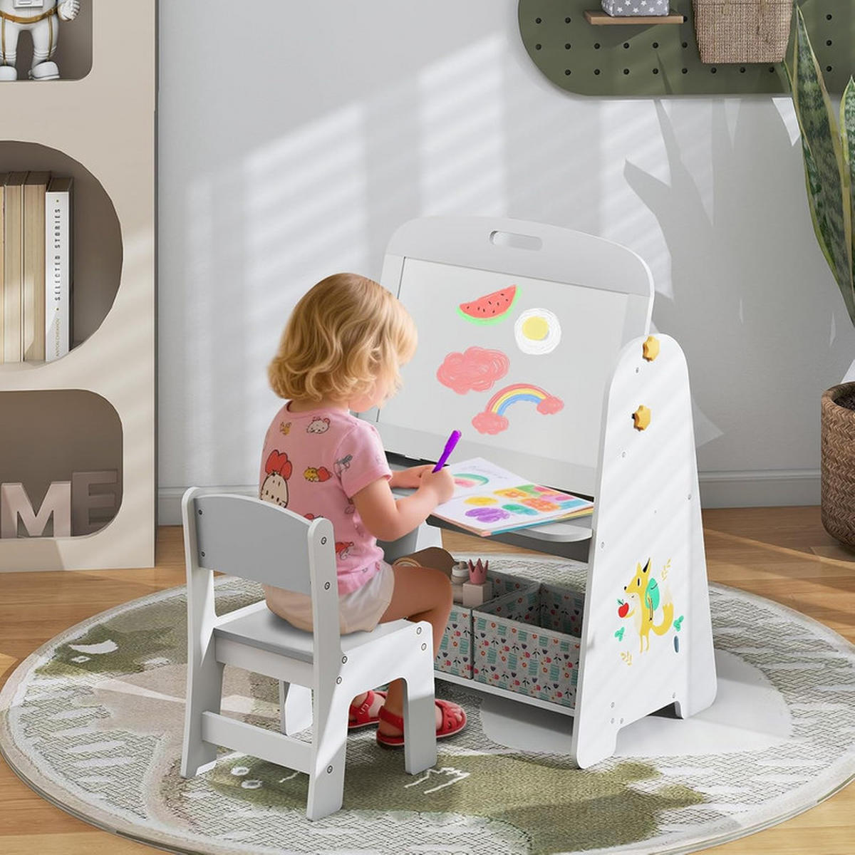 KINDERSTAFFELEI-SET mit Stuhl grau(2-tlg) - Grau, Holzwerkstoff (60/80/40cm) - COSTWAY