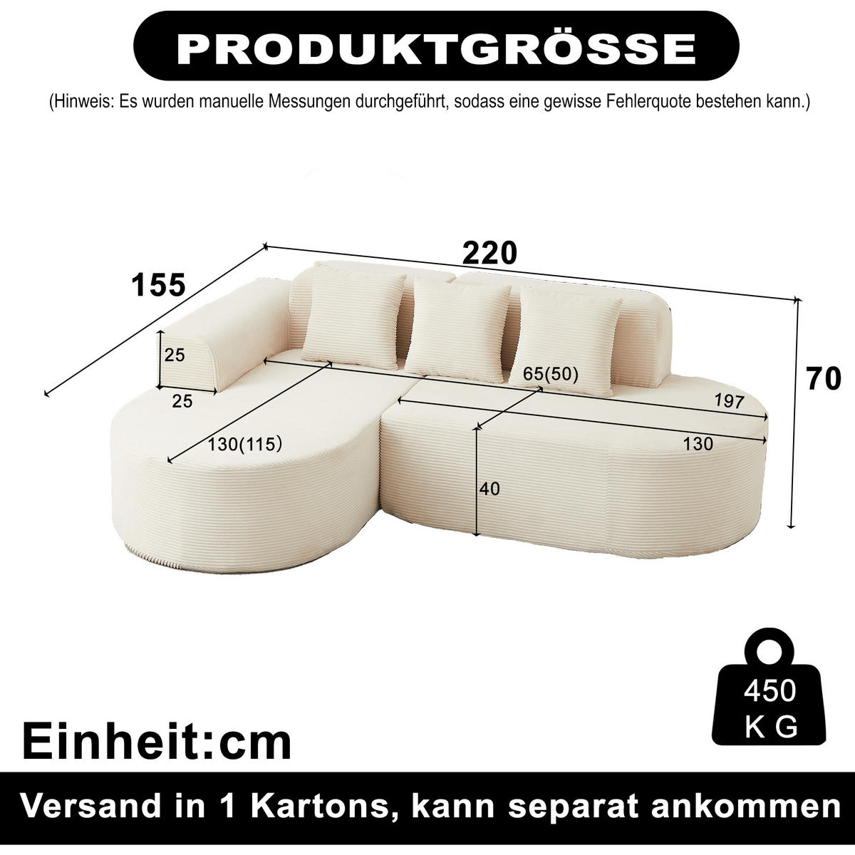 ECKSOFA 220/155/70 cm Beige Cord mit 3 Kissen, Linke Seite - Beige, Textil (220/155cm) - Oxeza