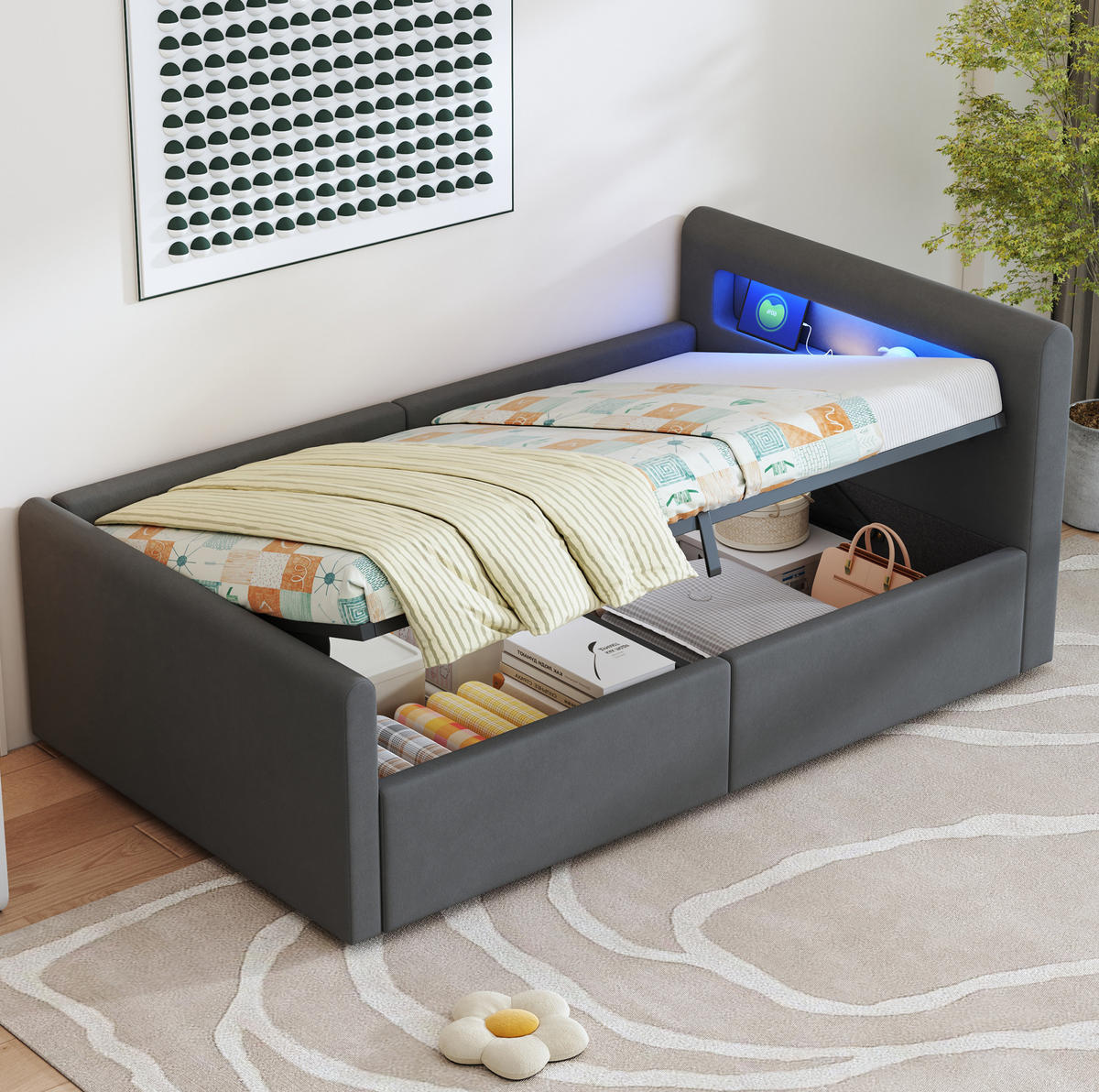 ČALOUNĚNÁ postel 90/200 cm tmavě šedá z sametu s LED osvětlením, USB a úložným prostorem - tmavě šedá, textil (90/200cm) - OKWISH