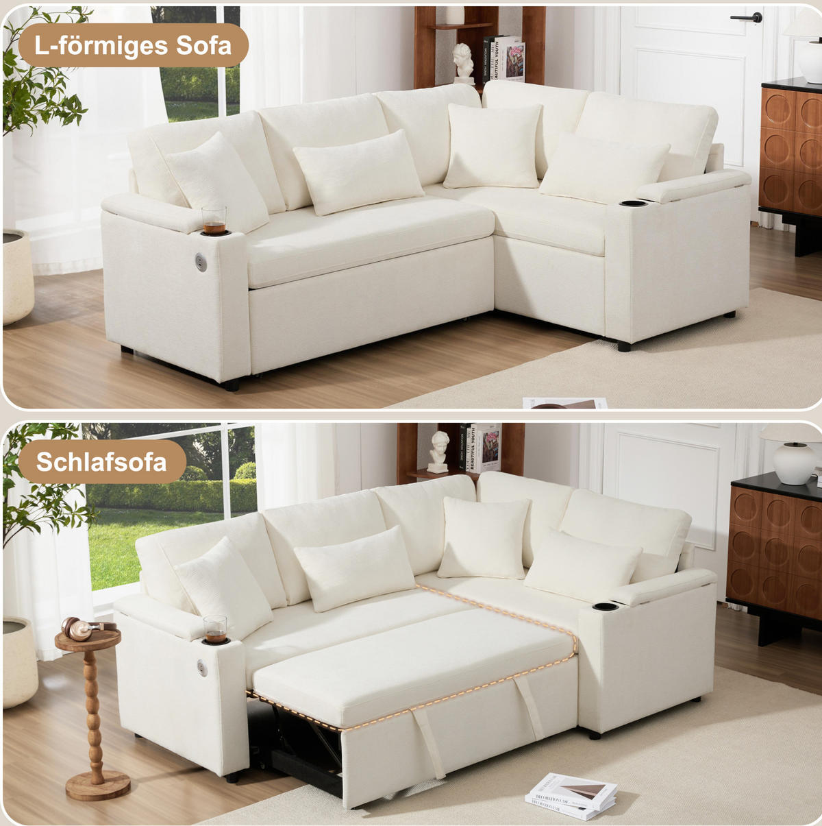 ECKSOFA 206,5/141/86 cm Beige aus Chenille mit Schlaffunktion - Beige, Textil (141/206.5cm) - OKWISH