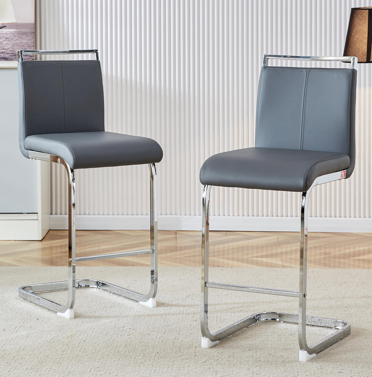 BARHOCKER 2er-Set 96,5 cm PU-Leder Dunkelgrau/Silber - Dunkelgrau, Metall (46.5/96.5/38.9cm) - Meubliv