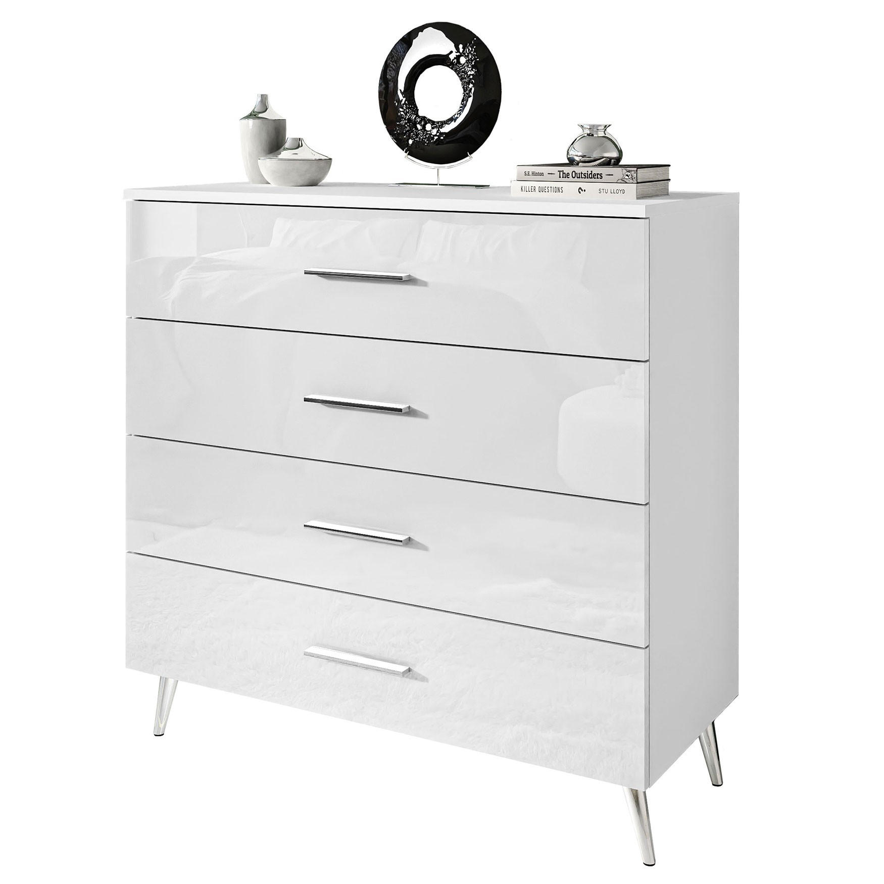 KOMMODE AURA GRIFFE mit Schubladen Beinfarbe – Chrom - Weiß, Holzwerkstoff (95/90/40cm) - Lookway