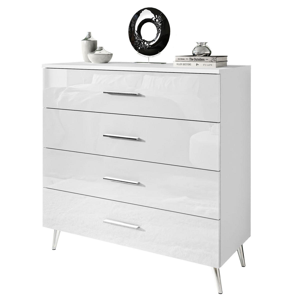 KOMMODE AURA GRIFFE mit Schubladen Beinfarbe – Chrom - Weiß, Holzwerkstoff (95/90/40cm) - Lookway