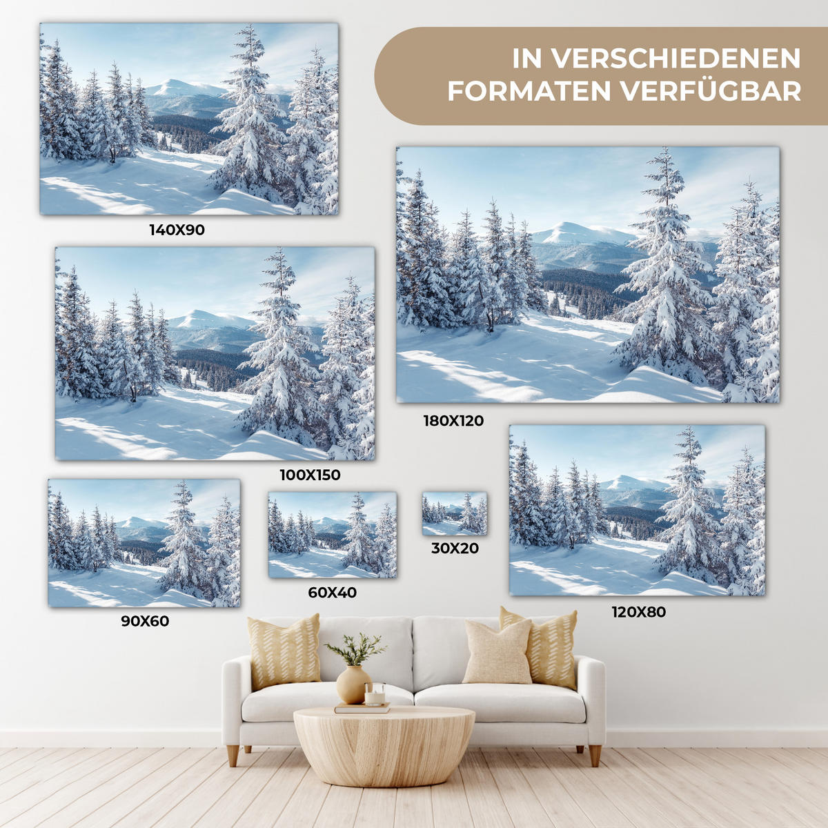 LEINWANDBILD Winterlandschaft - Natur - Berge - Bäume - Schnee Wanddeko 90x60 cm - Hellblau, Textil (90/60cm) - MuchoWow
