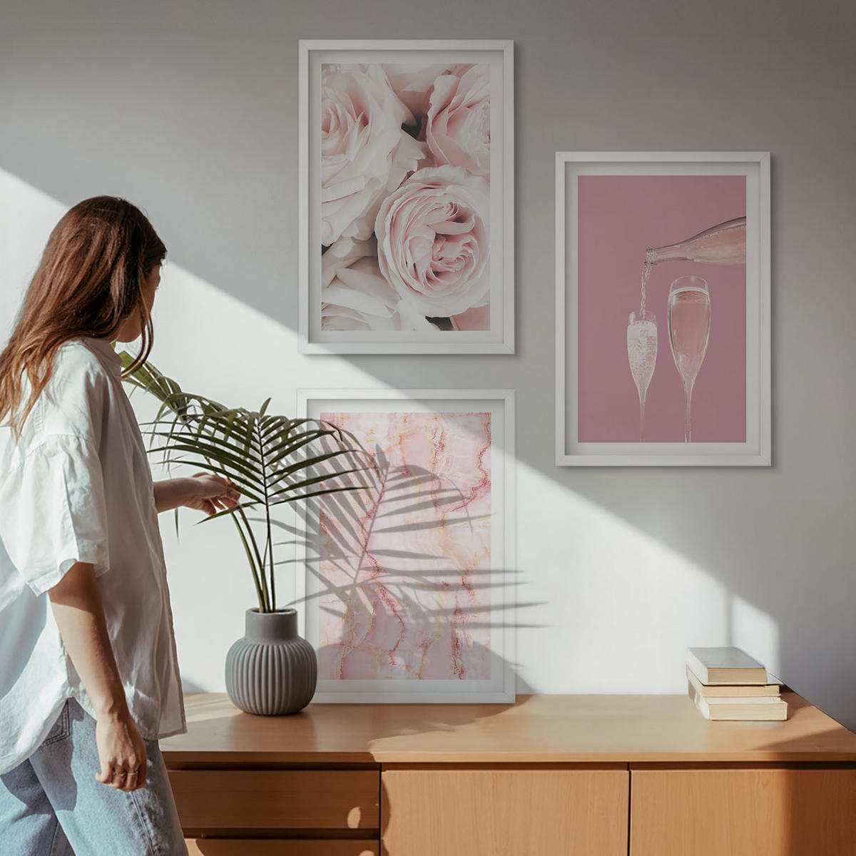 WANDBILDER 3er-Set - 40x60 cm Weißer Rahmen - Champagnerfarbene Rosen, Marmorhintergrund - Weiß, Kunststoff (40/60cm) - ArtPrintCave