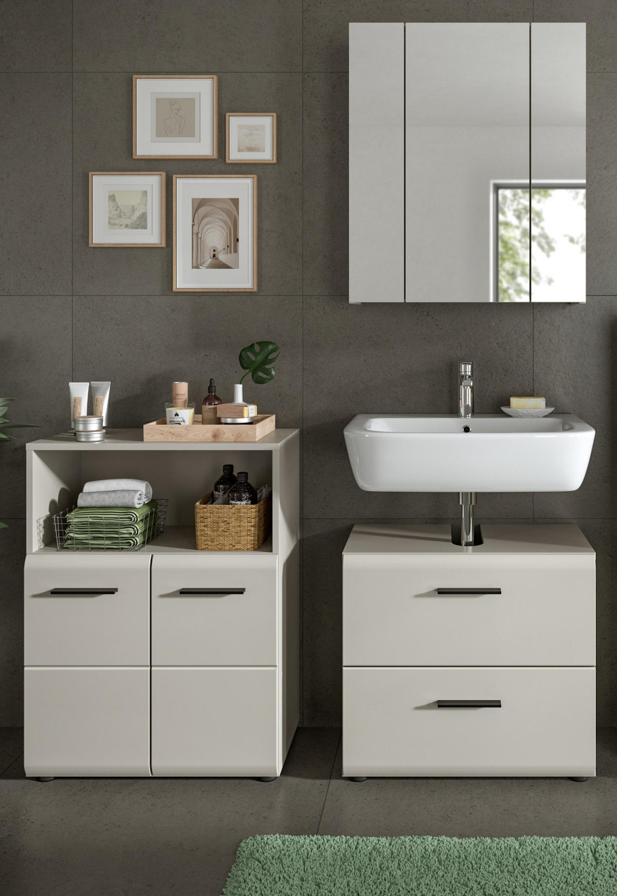 BADMÖBEL-SET Kaschmir 3-teilig 135 cm, Komplettset in modernem Design - Kaschmir/Schwarz, Glas/Holzwerkstoff (135/185/30cm) - Inn.Furn