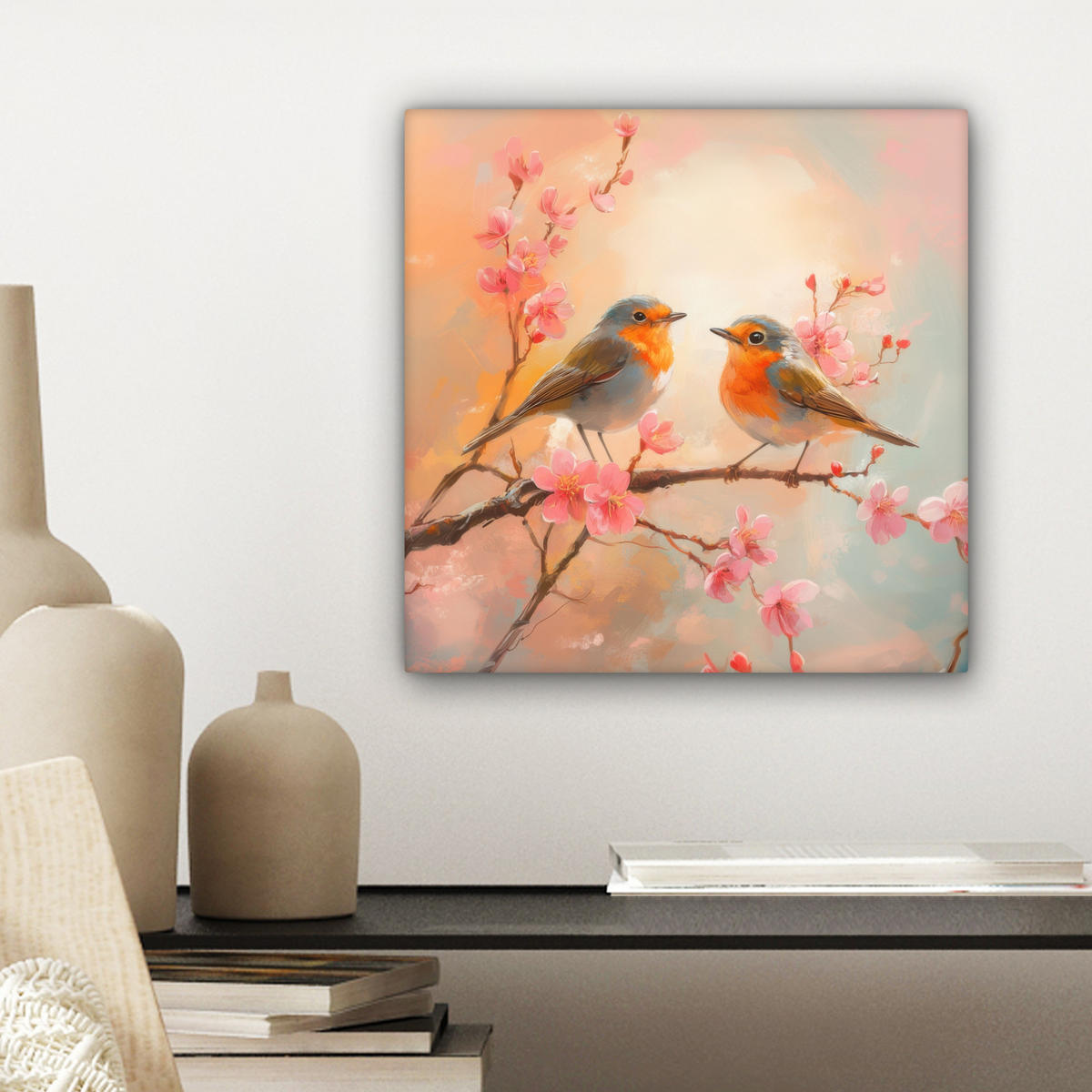 LEINWANDBILD Rotkehlchen - Zierpflanze - Blütenzweig Deko Wohnzimmer 20x20 cm - Hellrosa, Textil (20/20cm) - MuchoWow