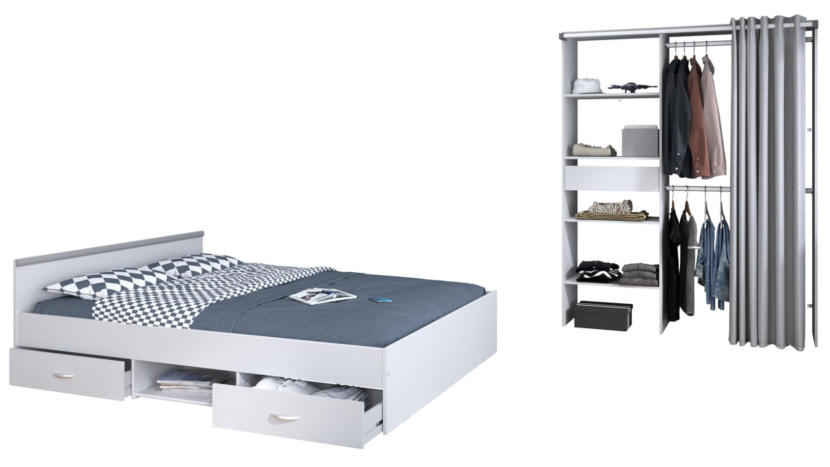 JUGENDZIMMER weiß 2-teilig, Komplett-Set mit Stauraumbett und Kleiderschrank - Silberfarben/Weiß, Holzwerkstoff/Kunststoff (206/182/145cm) - Parisot Meuble