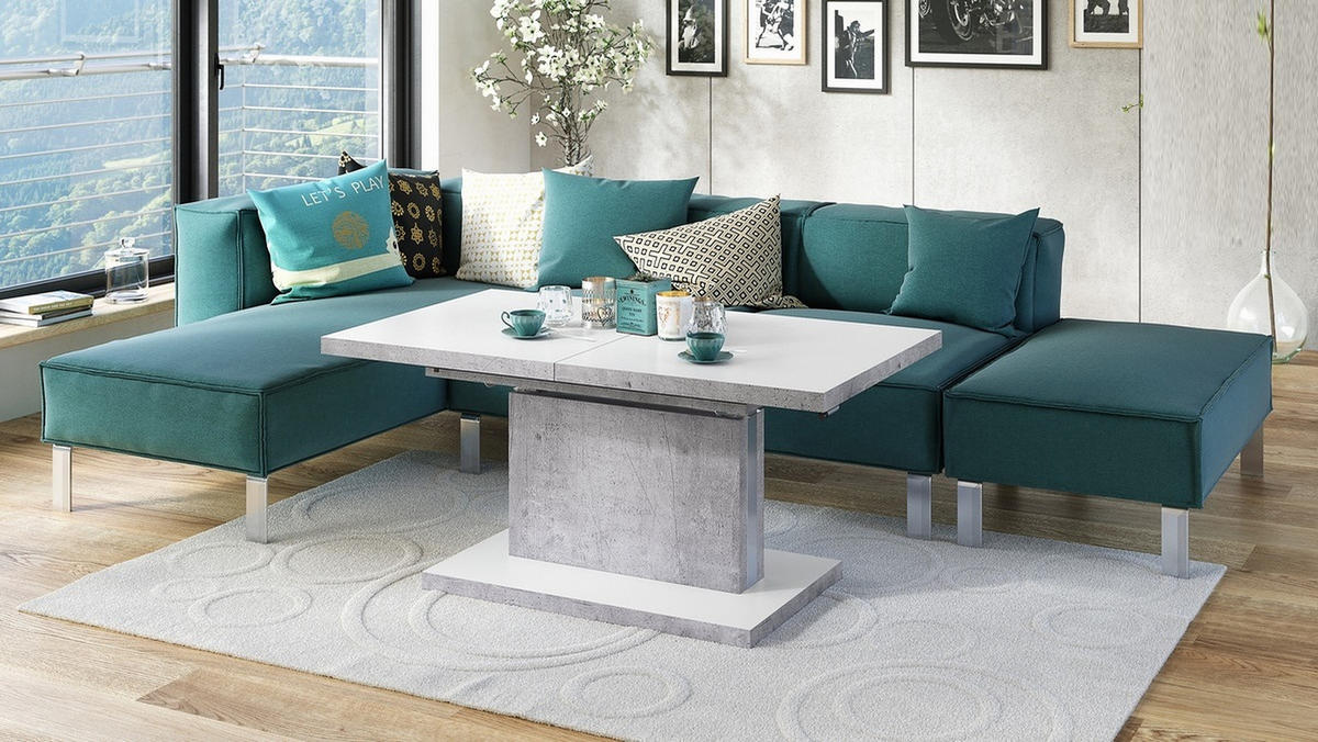 COUCHTISCH rechteckig Weiß matt Beton ausziehbar höhenverstellbar - Hellgrau/Weiß, Holzwerkstoff (70/120/56cm) - designimpex