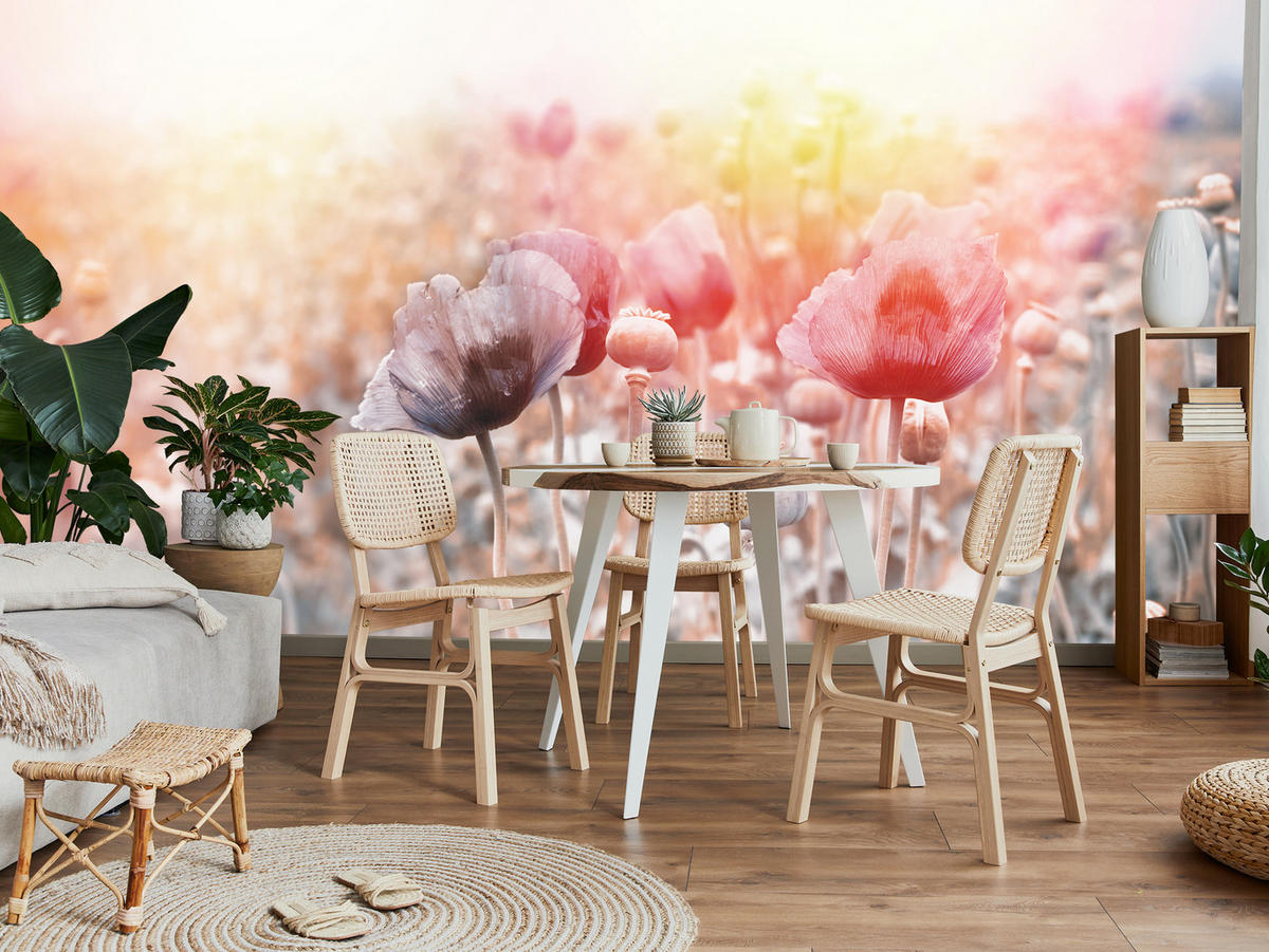 FOTOTAPETE für Wohnzimmer Mohnfeld Wiese Sonnenaufgang Natur 350x256 - Gelb/Rot, Papier (350/256cm) - Muralo